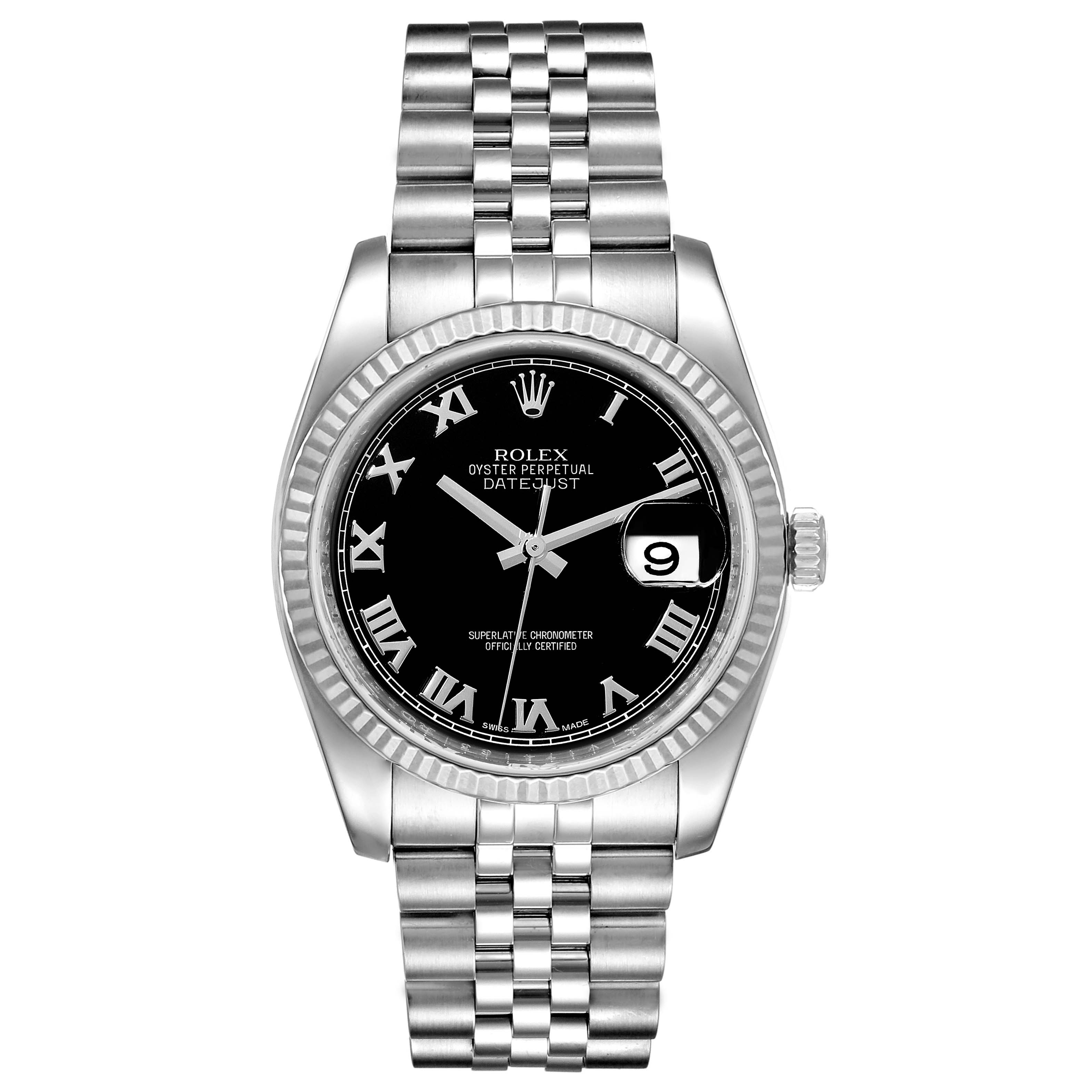 This image shows a front view of the Rolex Datejust 116234 Men
s Stainless Steel Black Dial 116234 Men
s Stainless Steel Black Dial watch, displaying its dial, bezel, and bracelet.