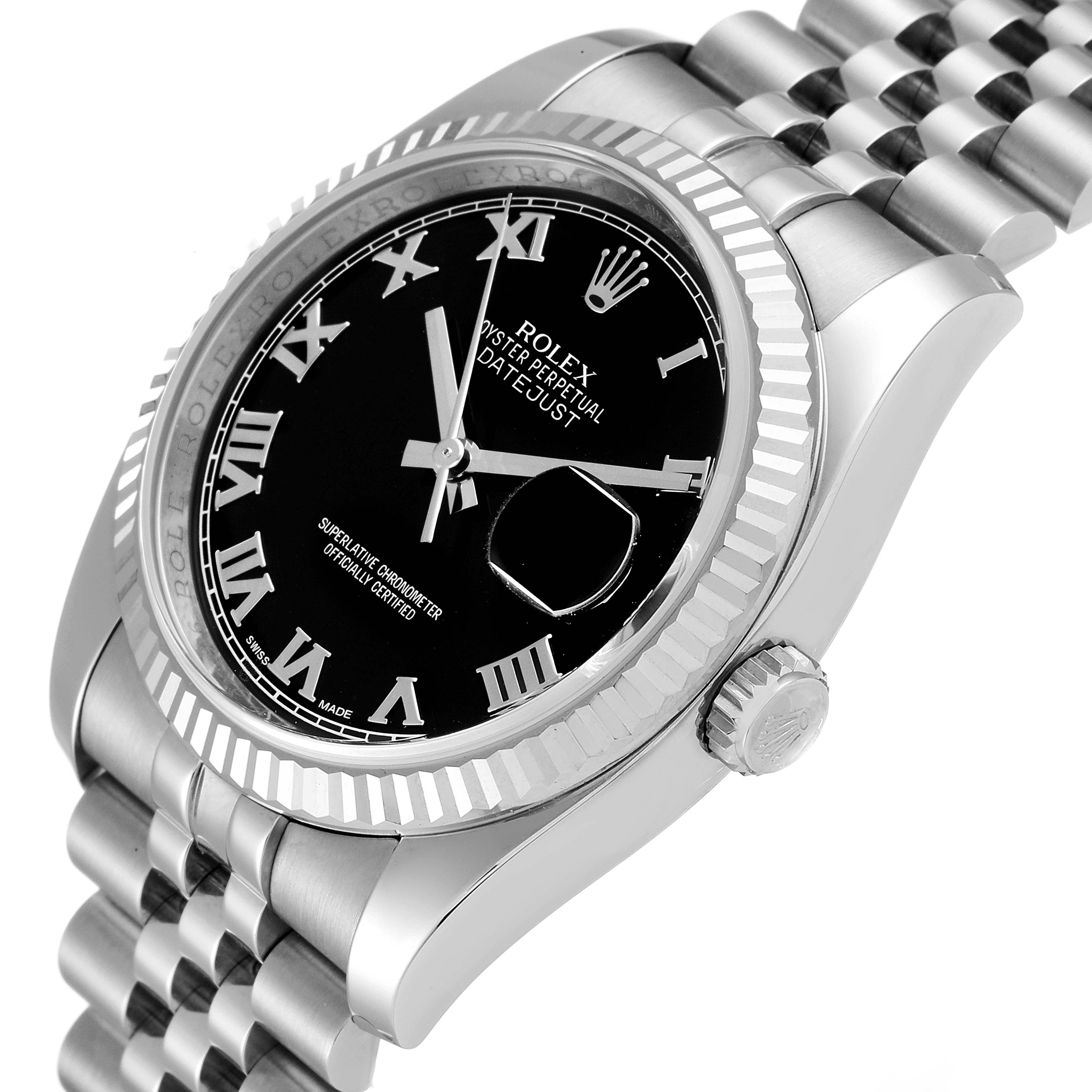 The image shows a Rolex Datejust 116234 Men
s Stainless Steel Black Dial 116234 Men
s Stainless Steel Black Dial watch from an angled view, highlighting its black dial, fluted bezel, and stainless steel bracelet.