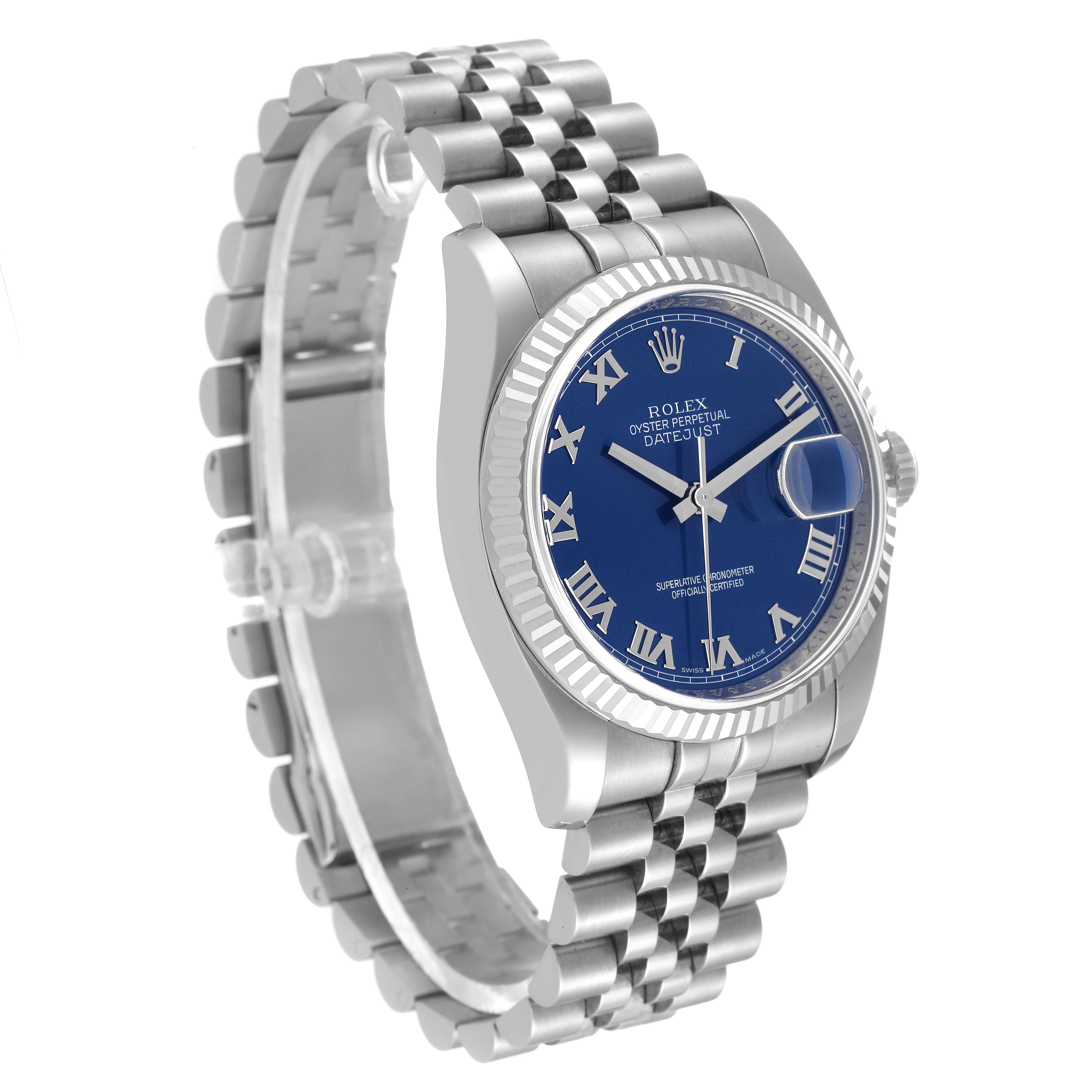 The image shows a Rolex Datejust 116234 Men's Stainless Steel Blue Dial 116234 Men's Stainless Steel Blue Dial watch angled from the front-left, displaying its blue dial, Roman numerals, and Jubilee bracelet.