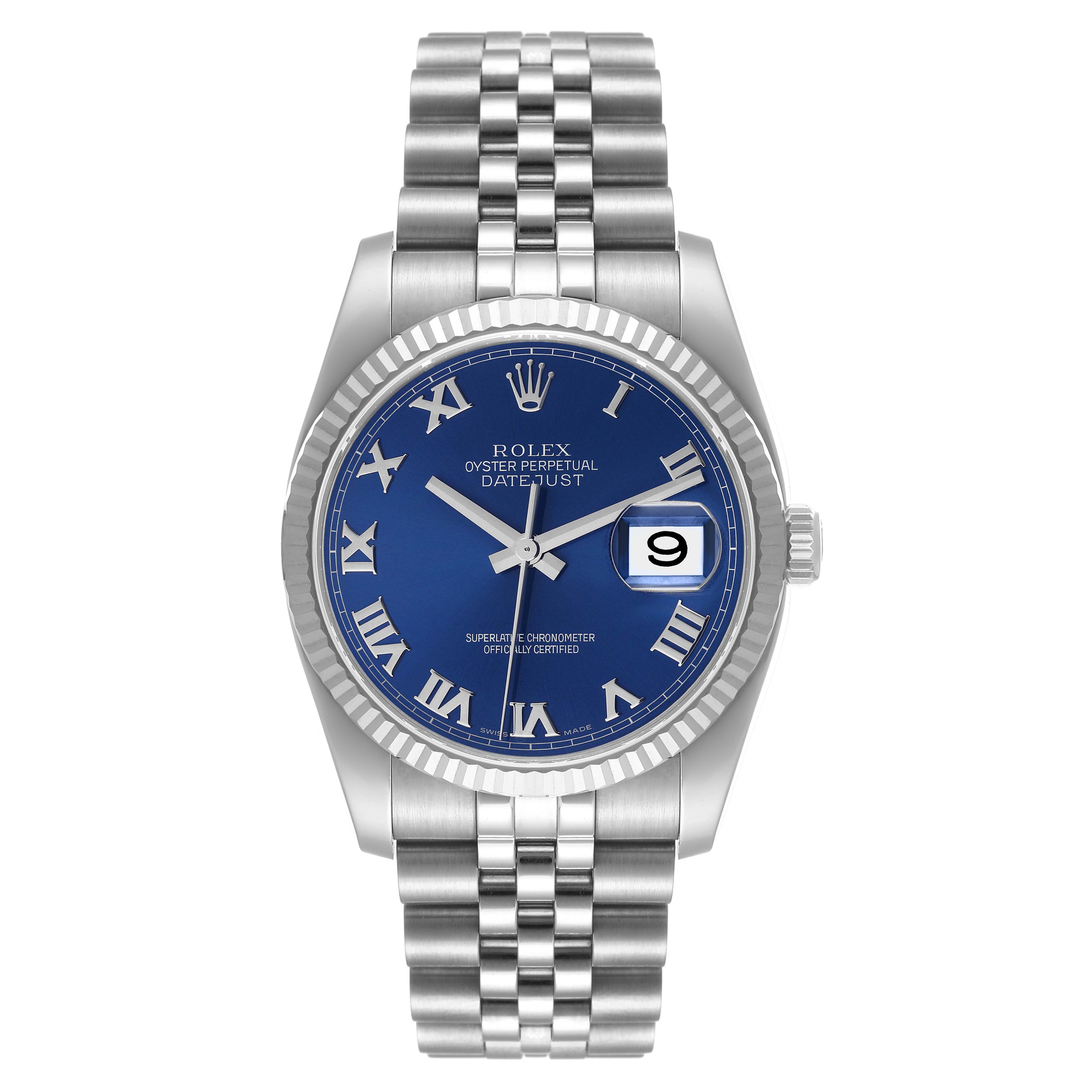 The image shows a front view of a Rolex Datejust 116234 Men's Stainless Steel Blue Dial 116234 Men's Stainless Steel Blue Dial watch with a blue dial, Roman numerals, and a jubilee bracelet.