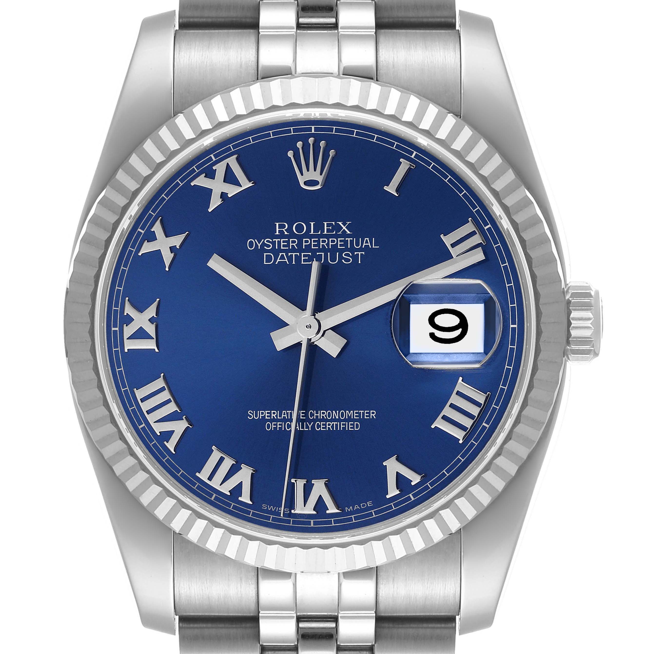 This is a close-up, front-facing view of the Rolex Datejust 116234 Men's Stainless Steel Blue Dial 116234 Men's Stainless Steel Blue Dial watch showing the blue dial, Roman numerals, and date window.