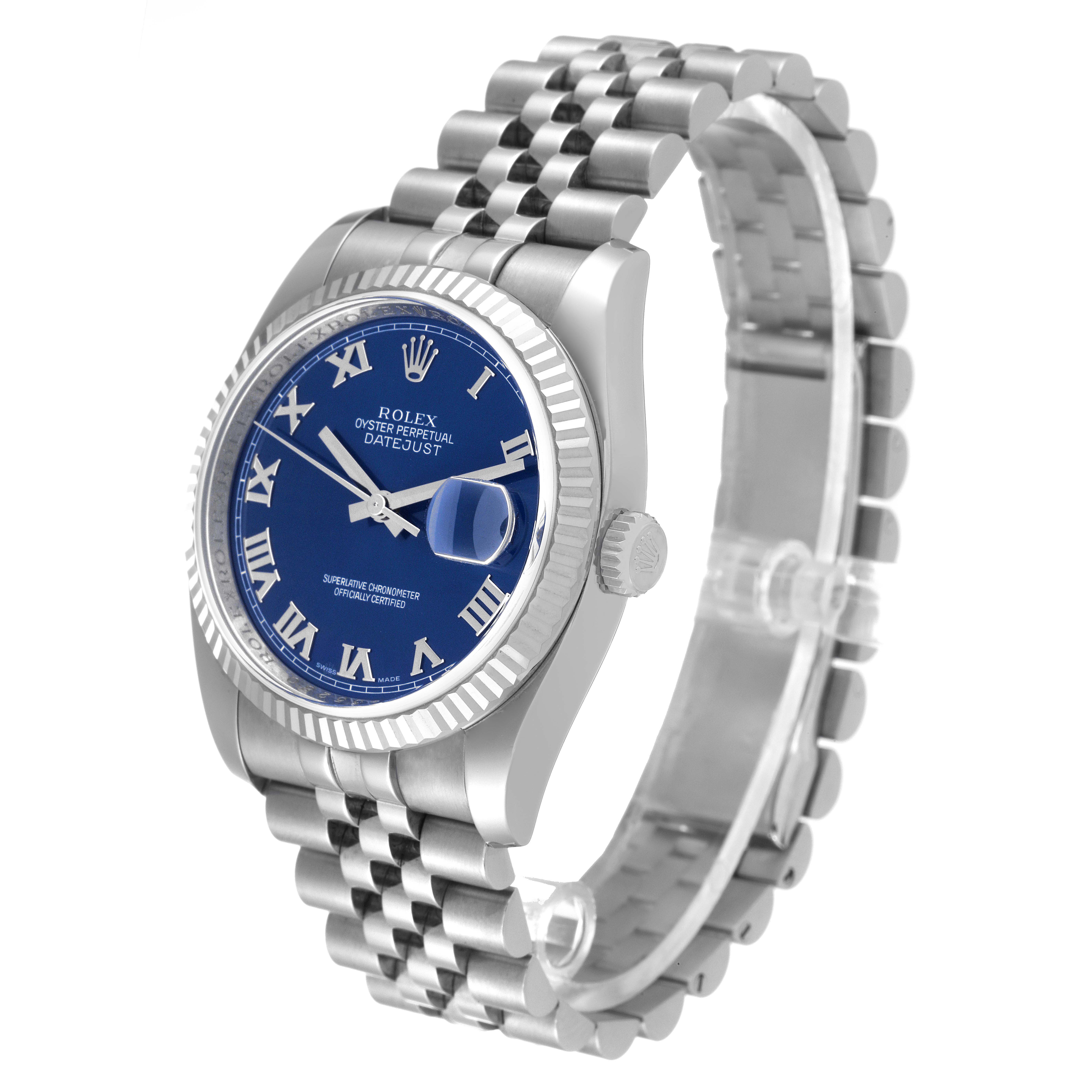This image shows a Rolex Datejust 116234 Men's Stainless Steel Blue Dial 116234 Men's Stainless Steel Blue Dial watch at a three-quarter angle, featuring its blue dial, fluted bezel, and Jubilee bracelet.