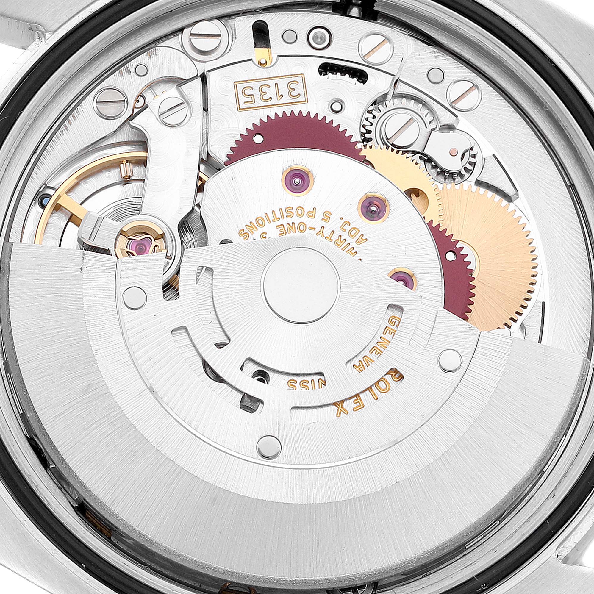 This image shows the intricate internal movement mechanism of the Rolex Datejust 116234 Men's Stainless Steel Blue Dial 116234 Men's Stainless Steel Blue Dial watch from a top-down perspective.