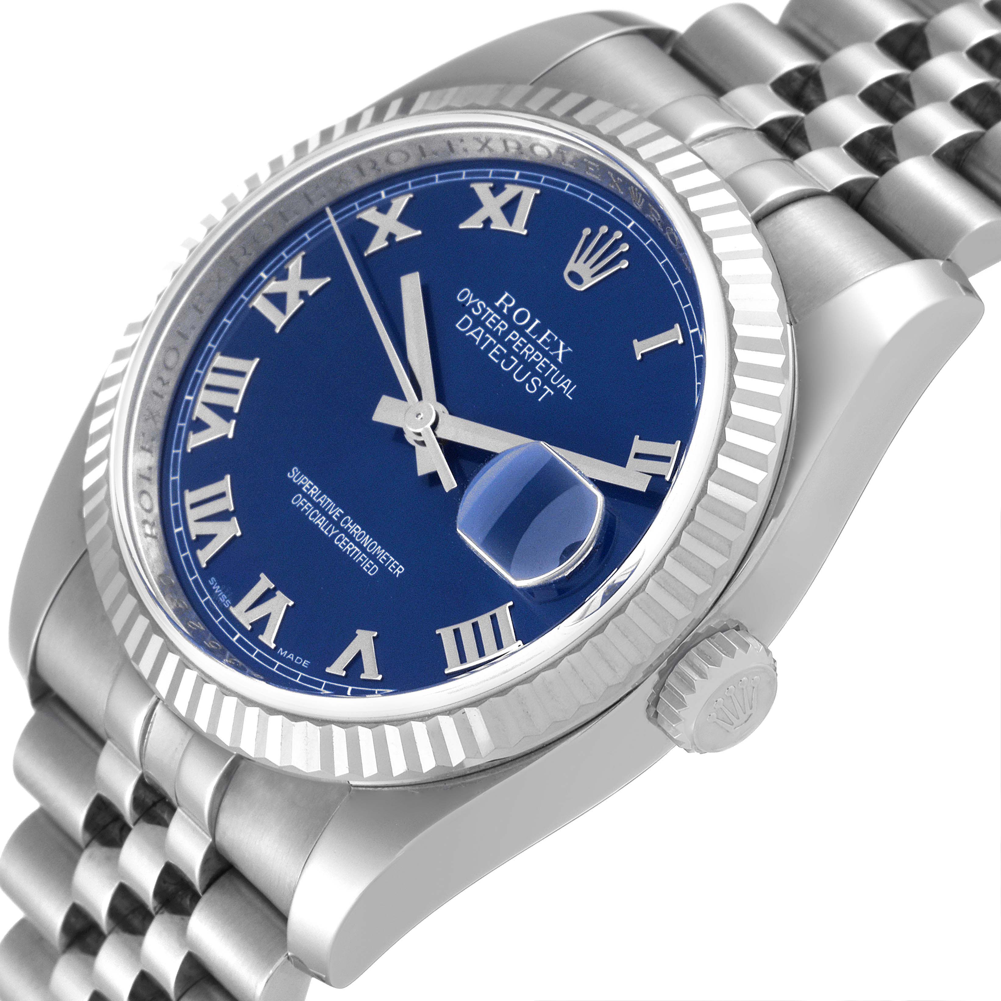 The image shows a side angle of a Rolex Datejust 116234 Men's Stainless Steel Blue Dial 116234 Men's Stainless Steel Blue Dial watch, highlighting the crown, bezel, and a portion of the bracelet.