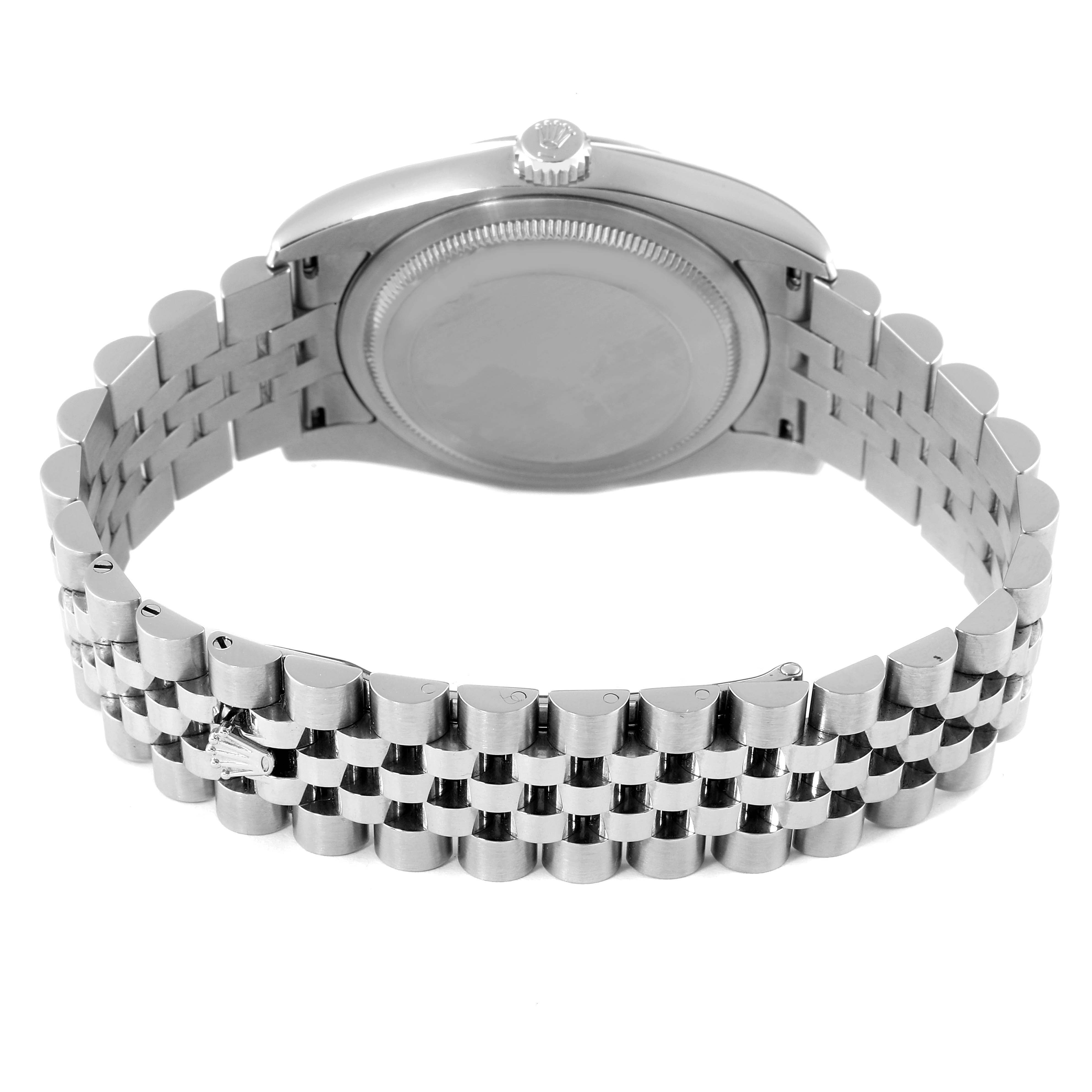 This image shows the back view of a Rolex Datejust 116234 Men's Stainless Steel Blue Dial 116234 Men's Stainless Steel Blue Dial watch, highlighting the case back and Jubilee bracelet.