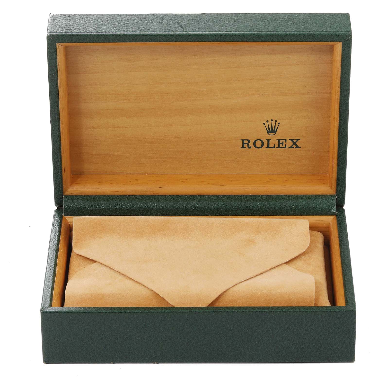 This is a top view of a Rolex Datejust 116234 Men's Stainless Steel Blue Dial 116234 Men's Stainless Steel Blue Dial watch box with tan suede-like pouch inside.