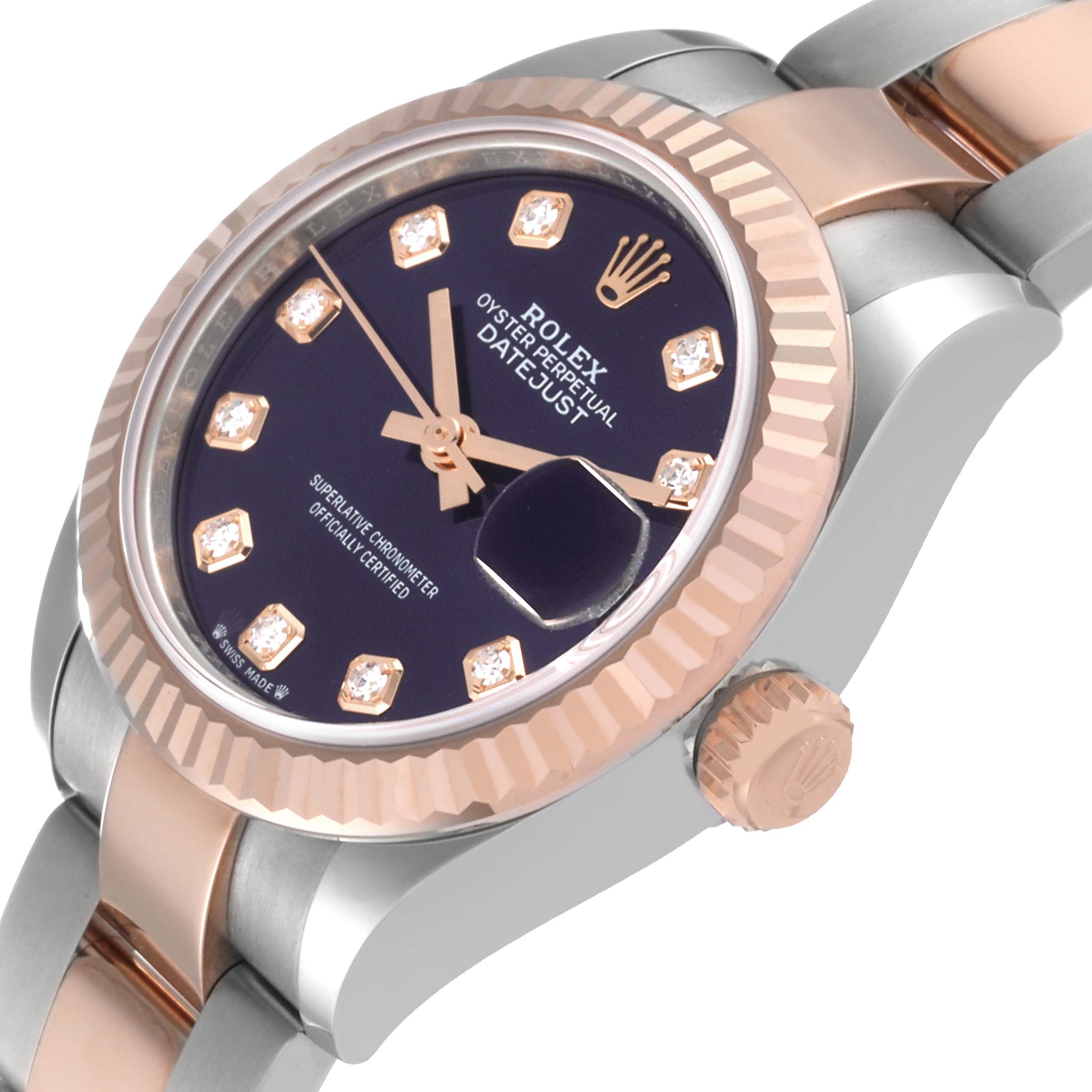 The image shows a close-up, side angle of the Rolex Datejust 279171 Women's Rose Gold Purple Dial 279171 Women's Rose Gold Purple Dial watch, highlighting the dial, bezel, and part of the bracelet.