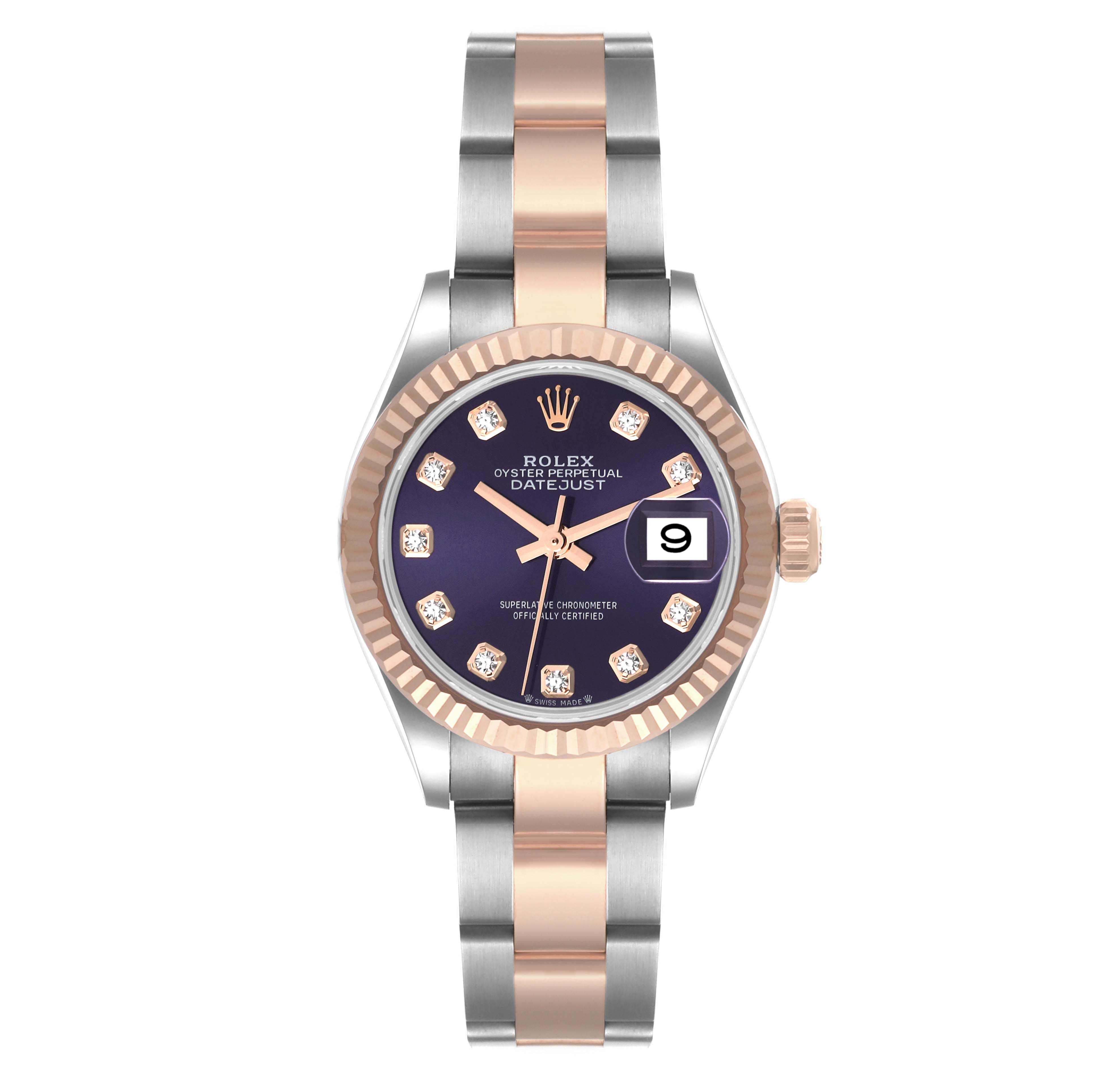 This image shows a front view of a Rolex Datejust 279171 Women's Rose Gold Purple Dial 279171 Women's Rose Gold Purple Dial with a two-tone bracelet, fluted bezel, and a dark dial with diamond markers.