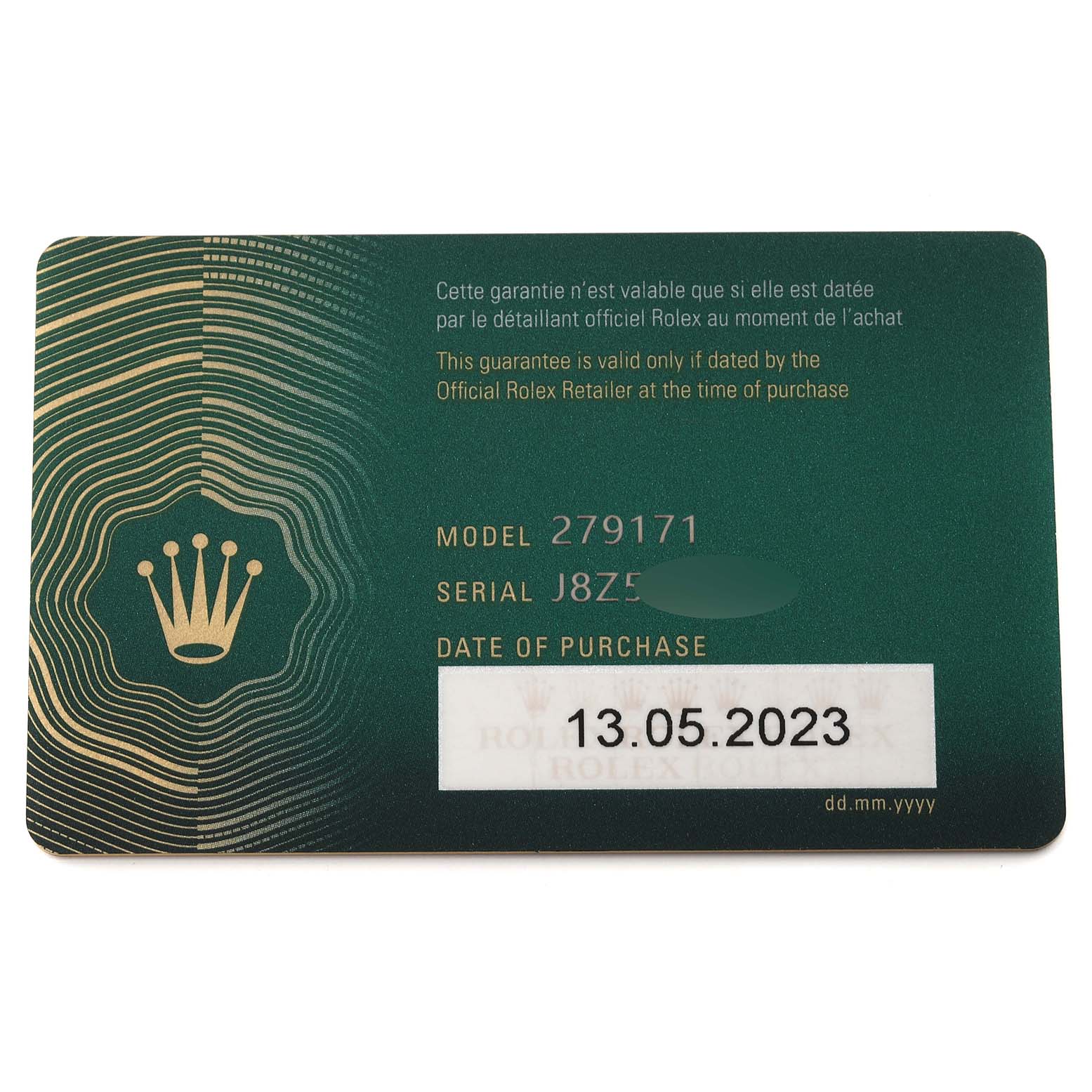 The image shows the warranty card for the Rolex Datejust 279171 Women's Rose Gold Purple Dial 279171 Women's Rose Gold Purple Dial model 279171, displaying the serial number and purchase date.