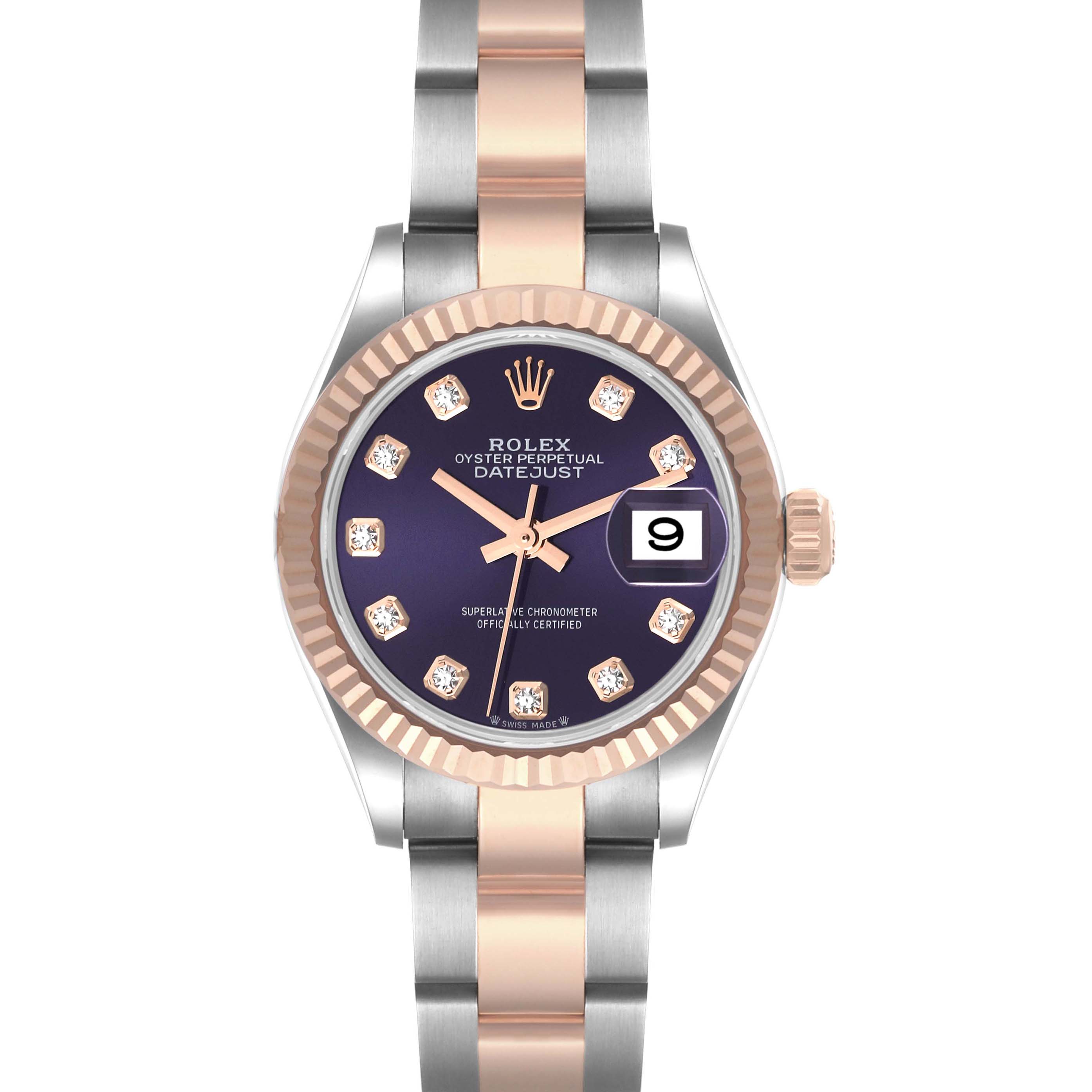 This image shows a Rolex Datejust 279171 Women's Rose Gold Purple Dial 279171 Women's Rose Gold Purple Dial watch from a front angle, showcasing its dial, bezel, hands, and bracelet.