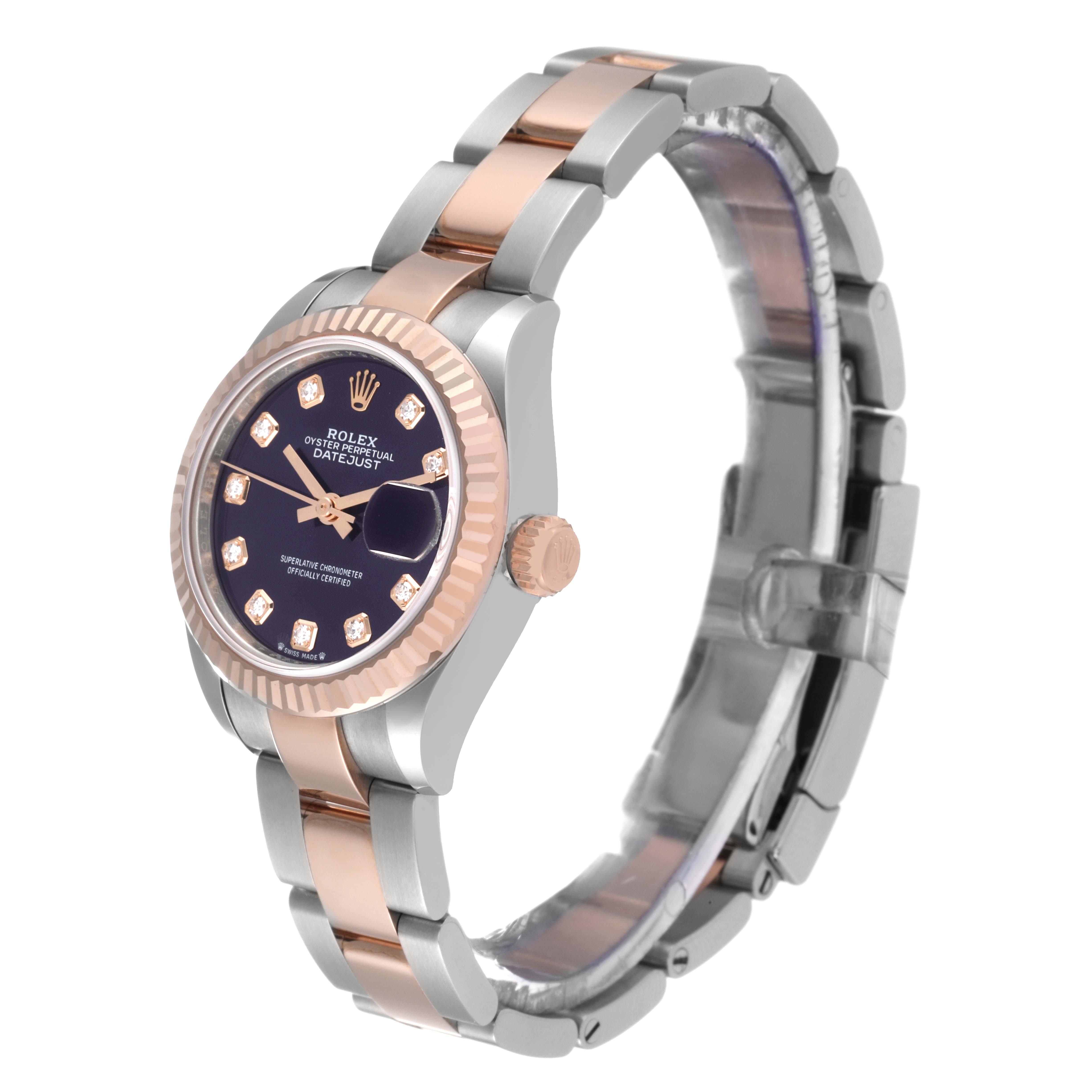 The image shows a side angle of a Rolex Datejust 279171 Women's Rose Gold Purple Dial 279171 Women's Rose Gold Purple Dial watch, displaying the dial, bezel, crown, and part of the bracelet.