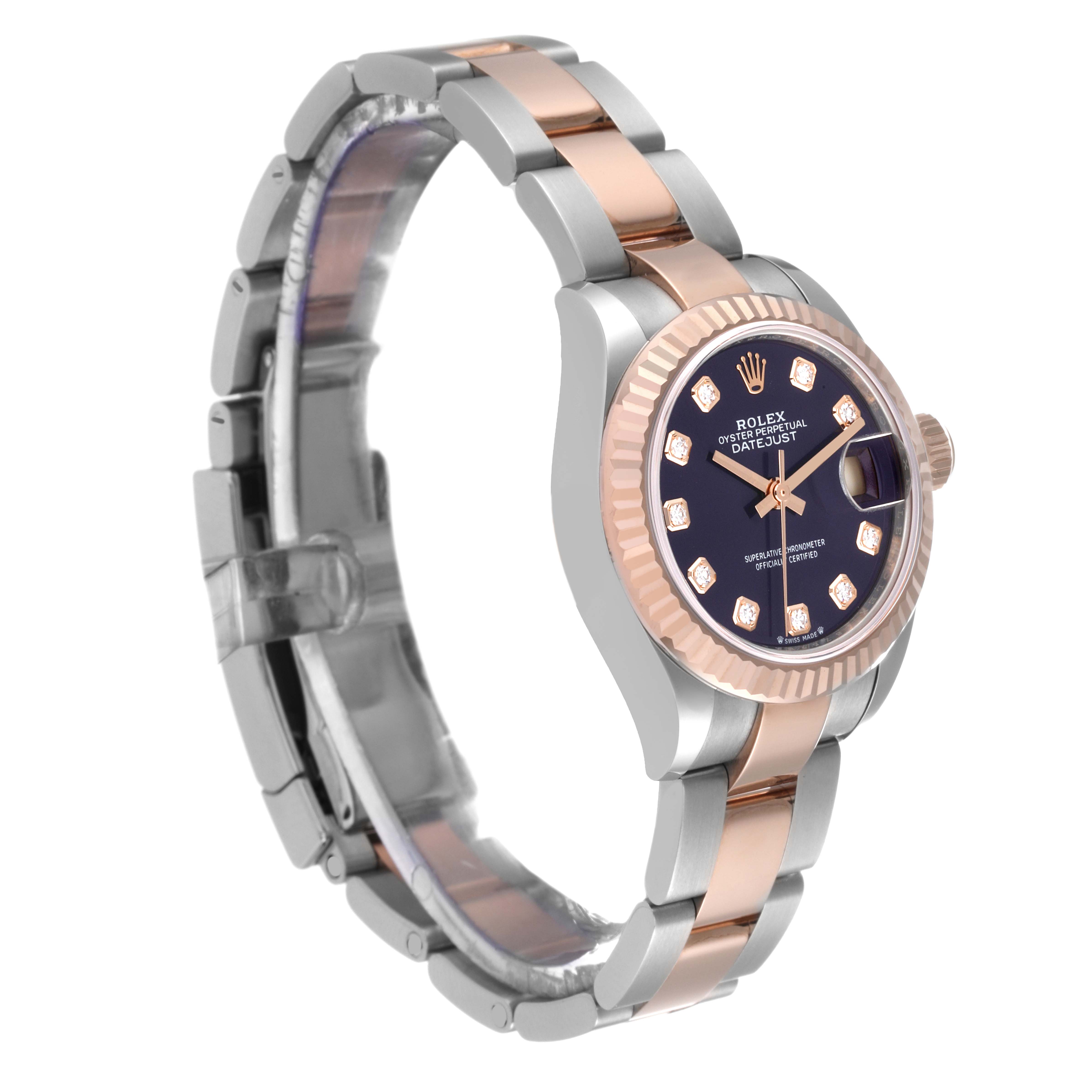 This image shows a side angle of the Rolex Datejust 279171 Women's Rose Gold Purple Dial 279171 Women's Rose Gold Purple Dial watch, highlighting the dial, bezel, and two-tone bracelet.