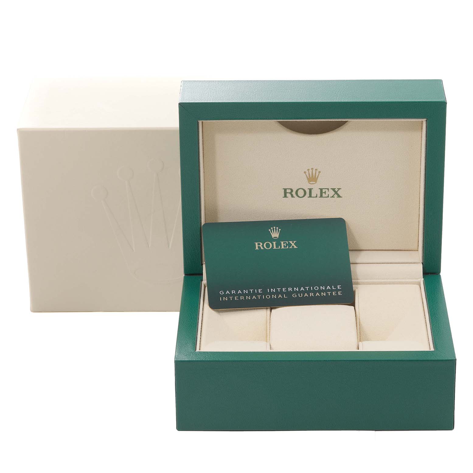 The image shows Rolex Datejust 279171 Women's Rose Gold Purple Dial 279171 Women's Rose Gold Purple Dial packaging with an open box displaying the international guarantee card.