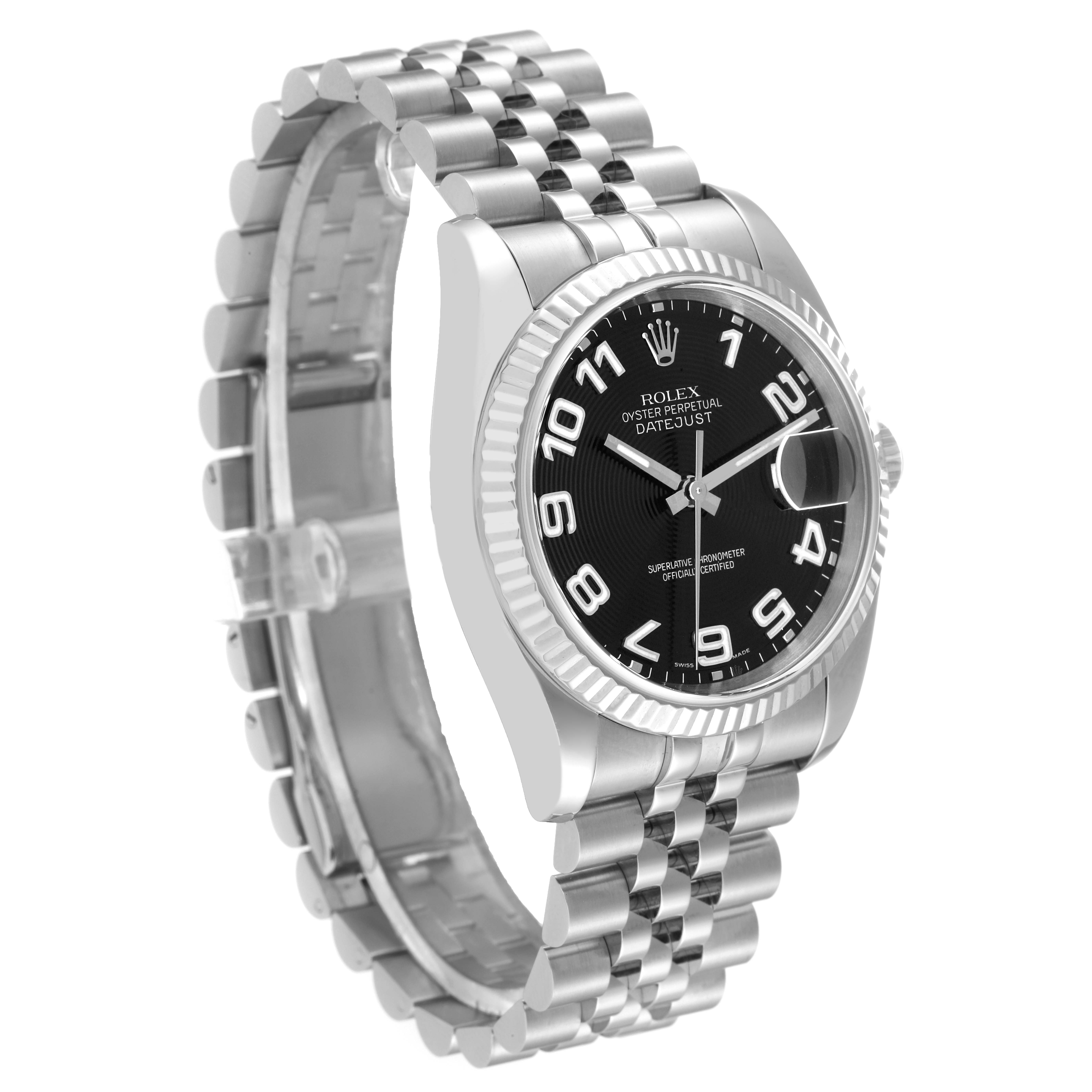 The Rolex Datejust 116234 Men's Stainless Steel Black Dial 116234 Men's Stainless Steel Black Dial watch is shown from an angled view, highlighting the face, bezel, and Jubilee bracelet.