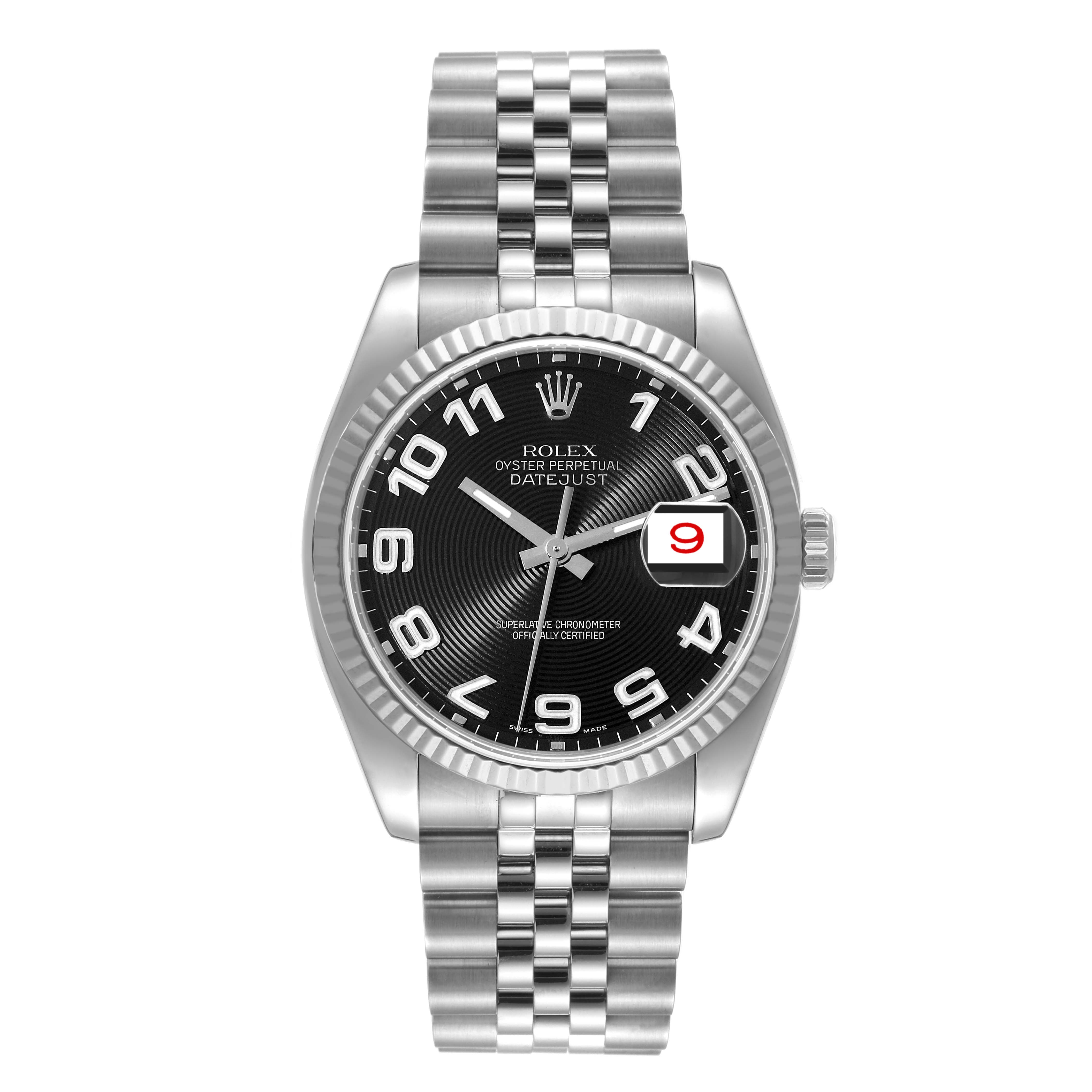 The Rolex Datejust 116234 Men's Stainless Steel Black Dial 116234 Men's Stainless Steel Black Dial watch is shown from the front, displaying its black dial, numerals, fluted bezel, date window, and Jubilee bracelet.