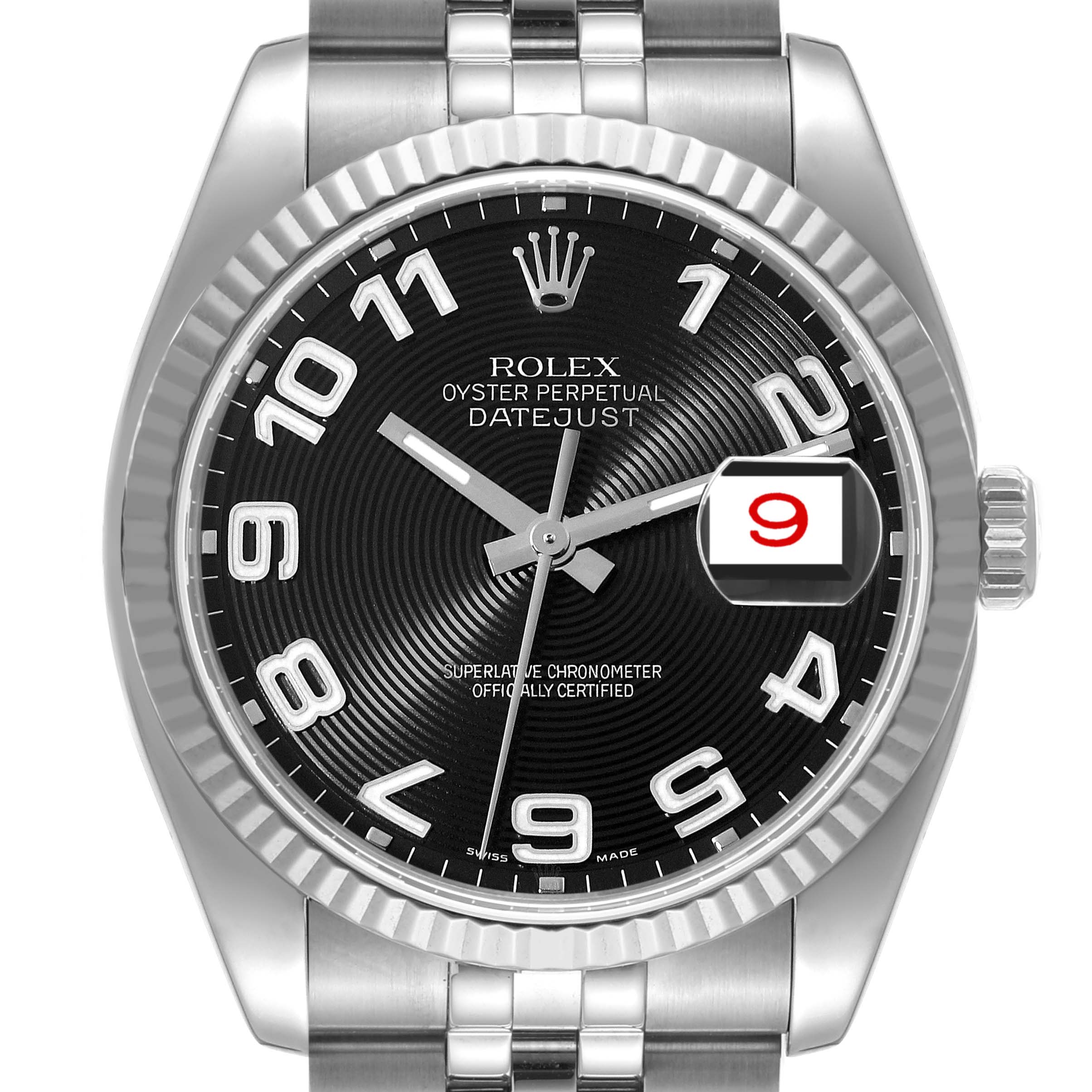 The image shows a front view of a Rolex Datejust 116234 Men's Stainless Steel Black Dial 116234 Men's Stainless Steel Black Dial watch, displaying its black dial, date window, and stainless steel bracelet.