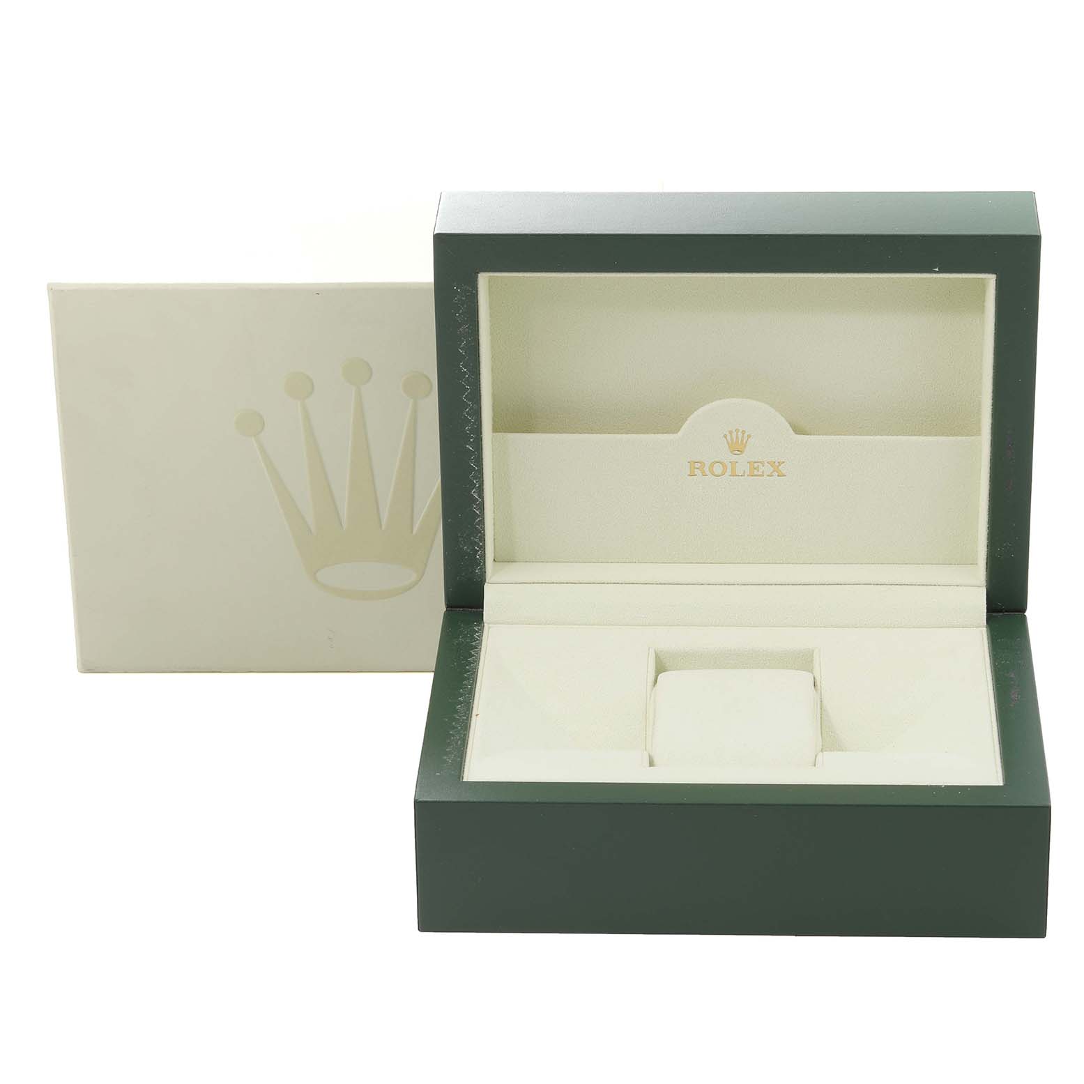 The open Rolex Datejust 116234 Men's Stainless Steel Black Dial 116234 Men's Stainless Steel Black Dial watch box is shown from a front view with the inner cushion visible.