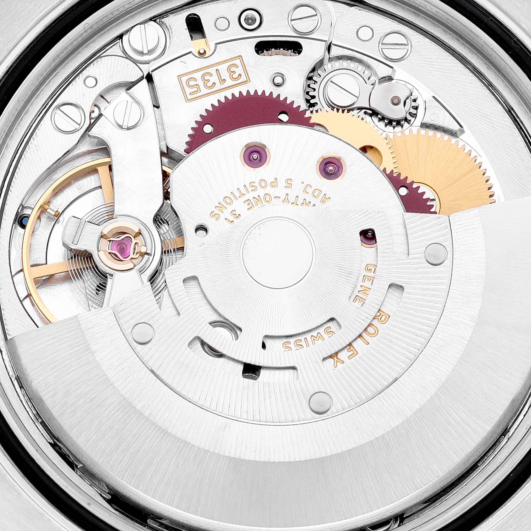 The image shows the internal mechanism of a Rolex Datejust 116234 Men's Stainless Steel Black Dial 116234 Men's Stainless Steel Black Dial watch, viewed from the back, focusing on the automatic movement components.