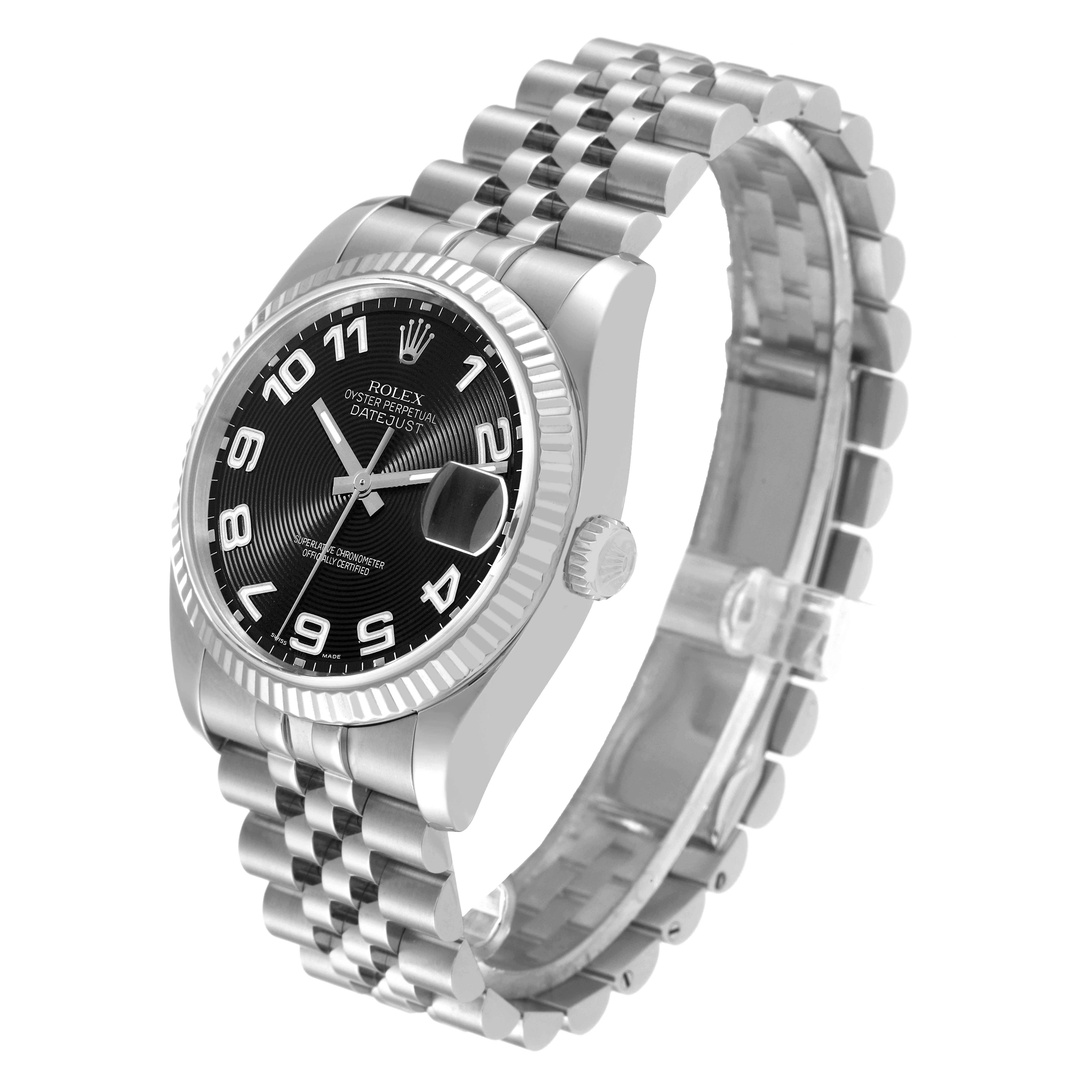 The Rolex Datejust 116234 Men's Stainless Steel Black Dial 116234 Men's Stainless Steel Black Dial watch is shown at a three-quarter angle, displaying the bezel, dial, bracelet, and crown.
