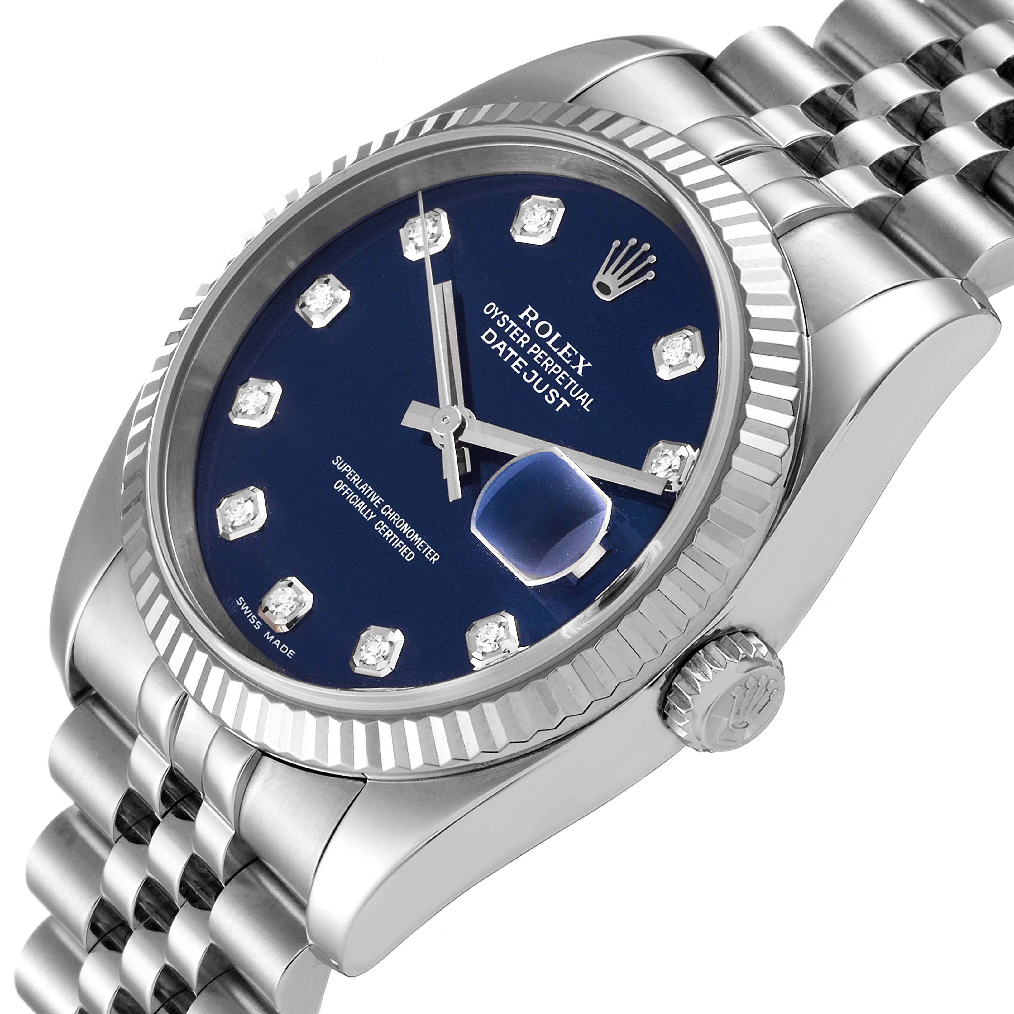 The image shows a close-up angle of the Rolex Datejust 116234 Men's Stainless Steel Blue Dial 116234 Men's Stainless Steel Blue Dial watch, highlighting the face, crown, and part of the bracelet.