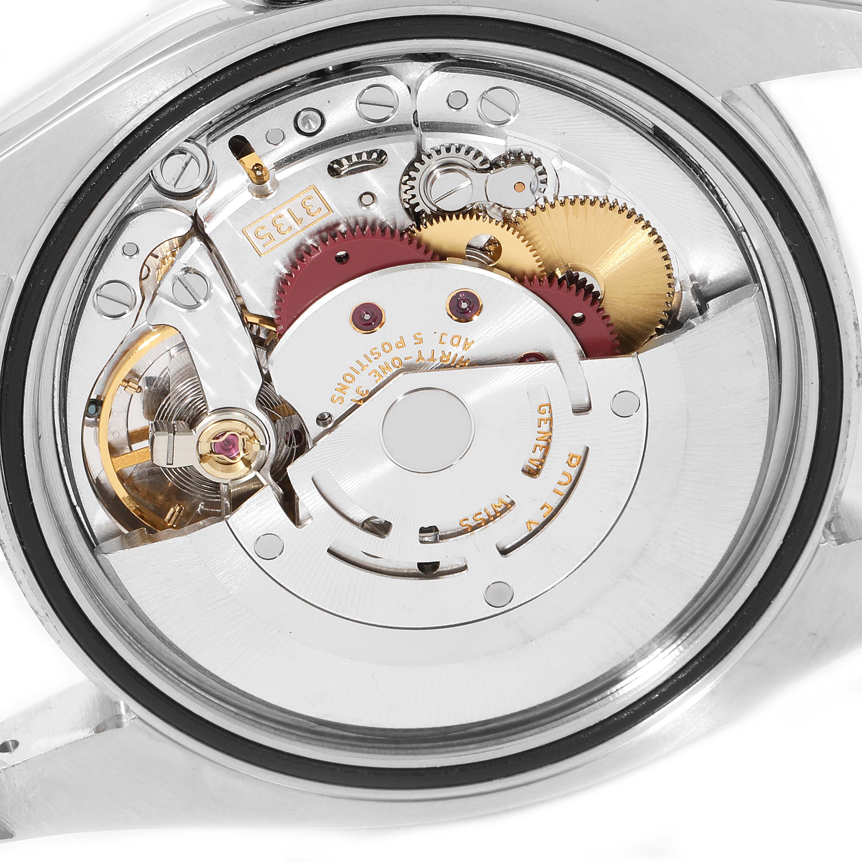 The image shows the open caseback of a Rolex Datejust 116234 Men's Stainless Steel Blue Dial 116234 Men's Stainless Steel Blue Dial, revealing the intricate internal movement mechanics.