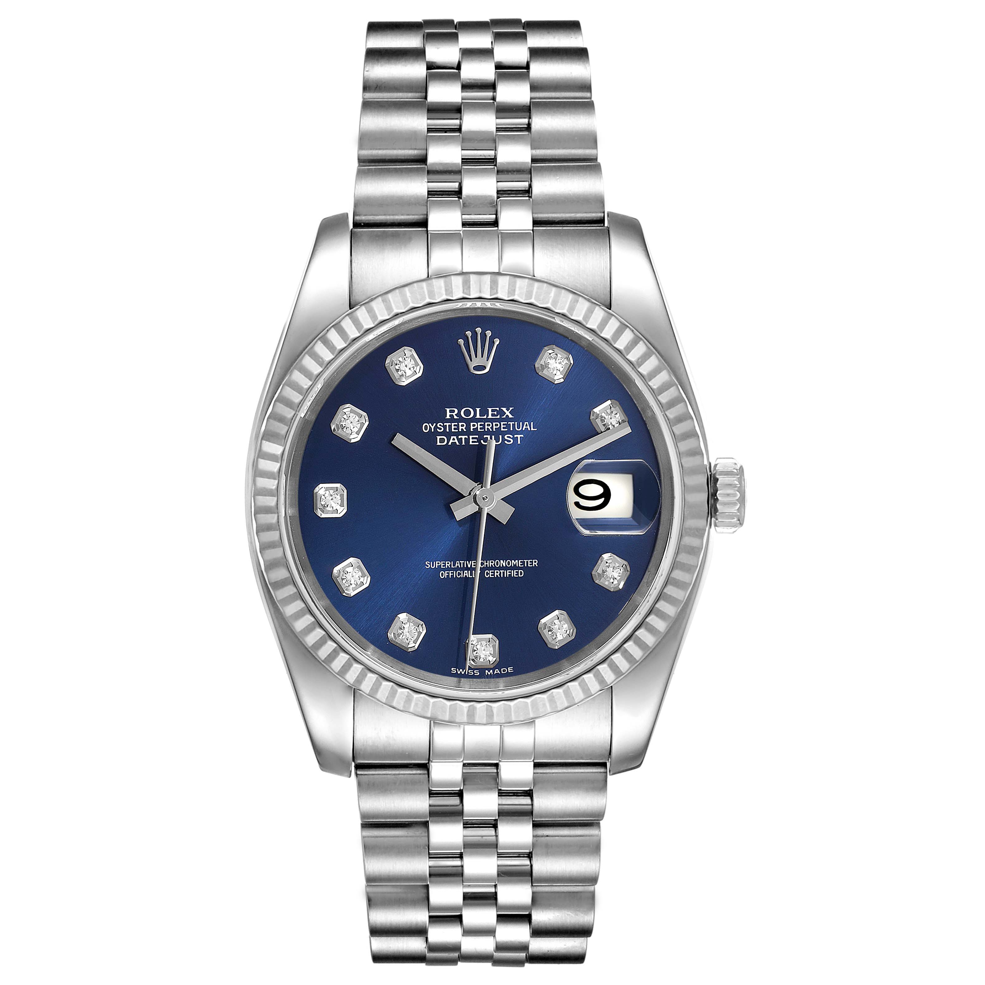 This image shows a front view of the Rolex Datejust 116234 Men's Stainless Steel Blue Dial 116234 Men's Stainless Steel Blue Dial watch featuring a blue dial, diamond hour markers, and a Jubilee bracelet.