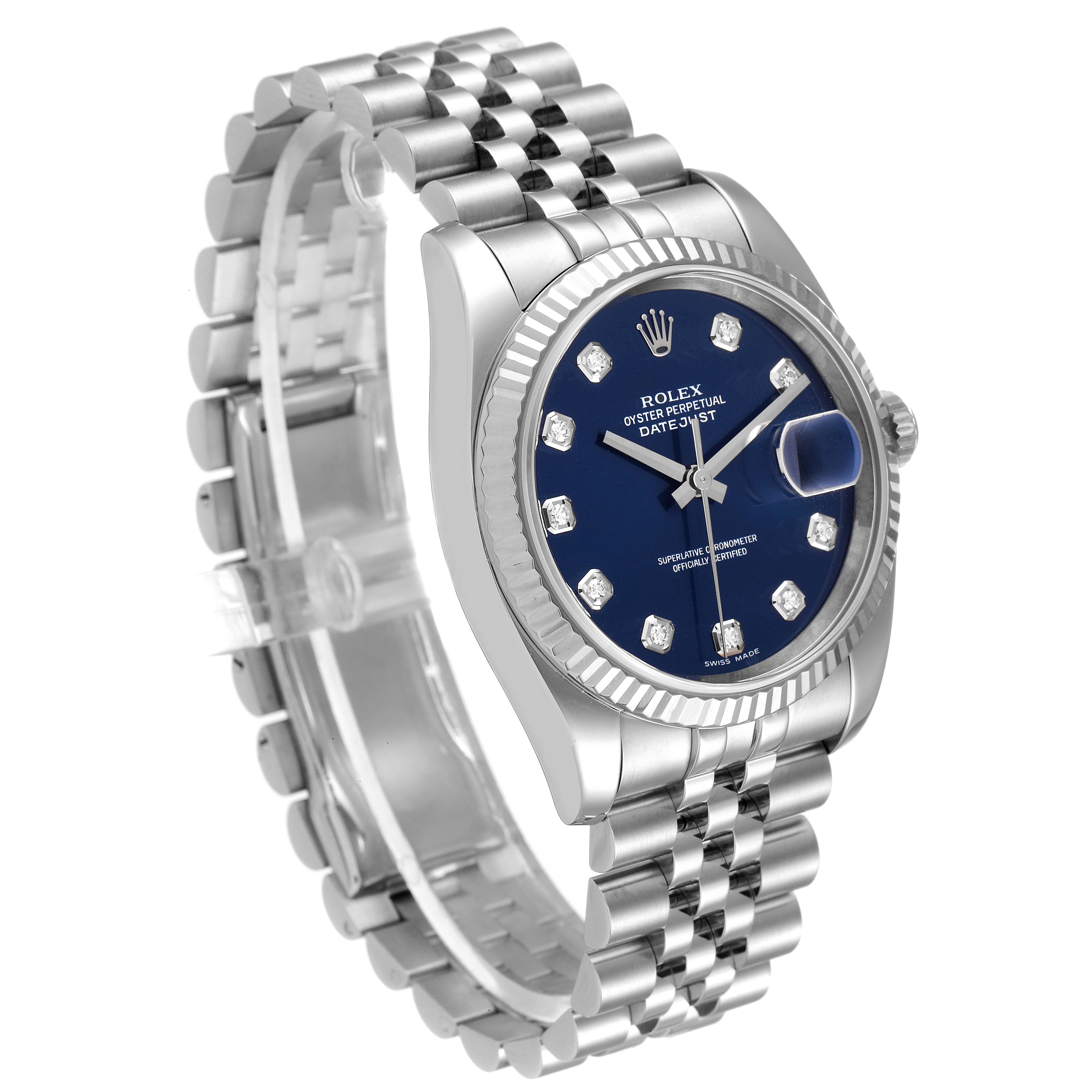 This Rolex Datejust 116234 Men's Stainless Steel Blue Dial 116234 Men's Stainless Steel Blue Dial watch is shown at a slight angle, displaying its blue dial, diamond hour markers, and Jubilee bracelet.