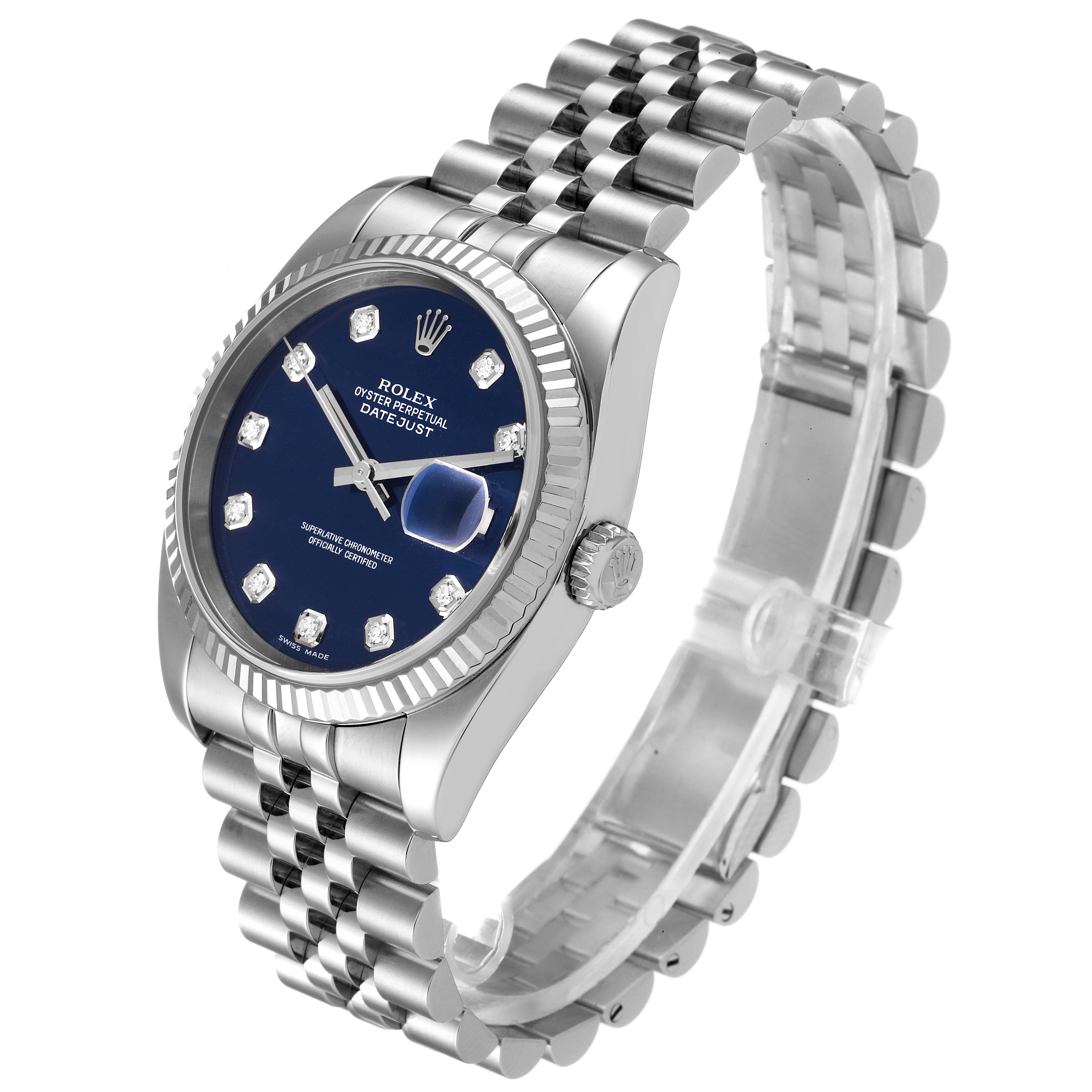 The Rolex Datejust 116234 Men's Stainless Steel Blue Dial 116234 Men's Stainless Steel Blue Dial watch is shown at a slight angle, displaying the face, bezel, crown, and bracelet.