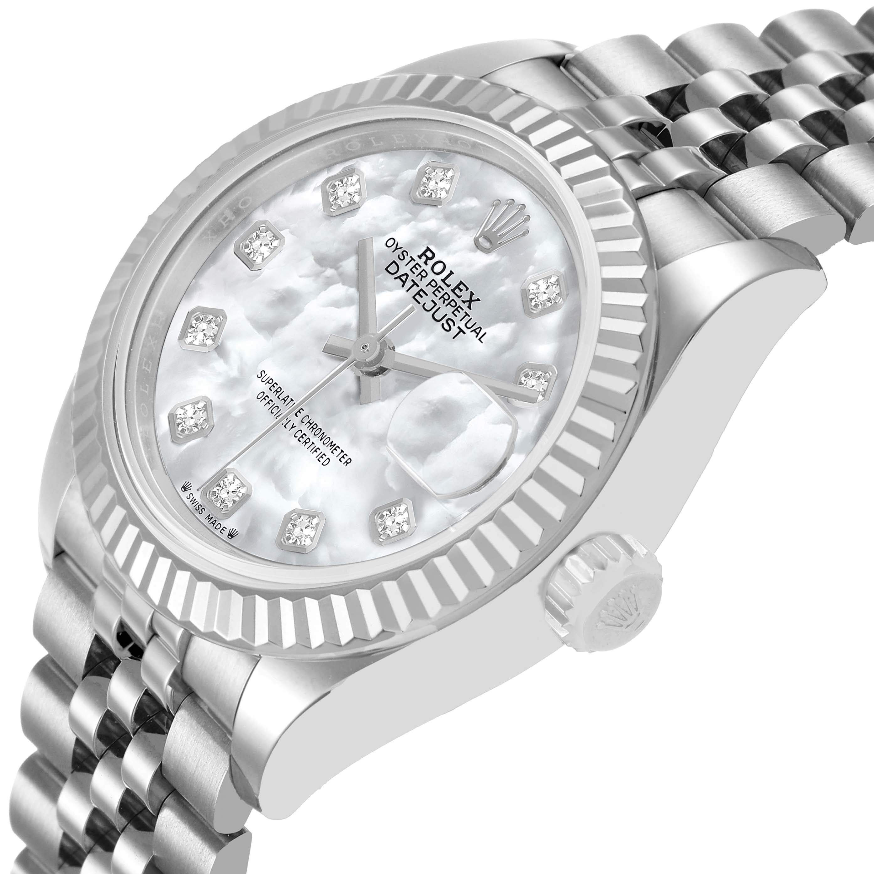 The Rolex Datejust 279174 Women's Stainless Steel Mother of Pearl Dial watch is shown from a side angle highlighting the dial, bezel, crown, and bracelet.