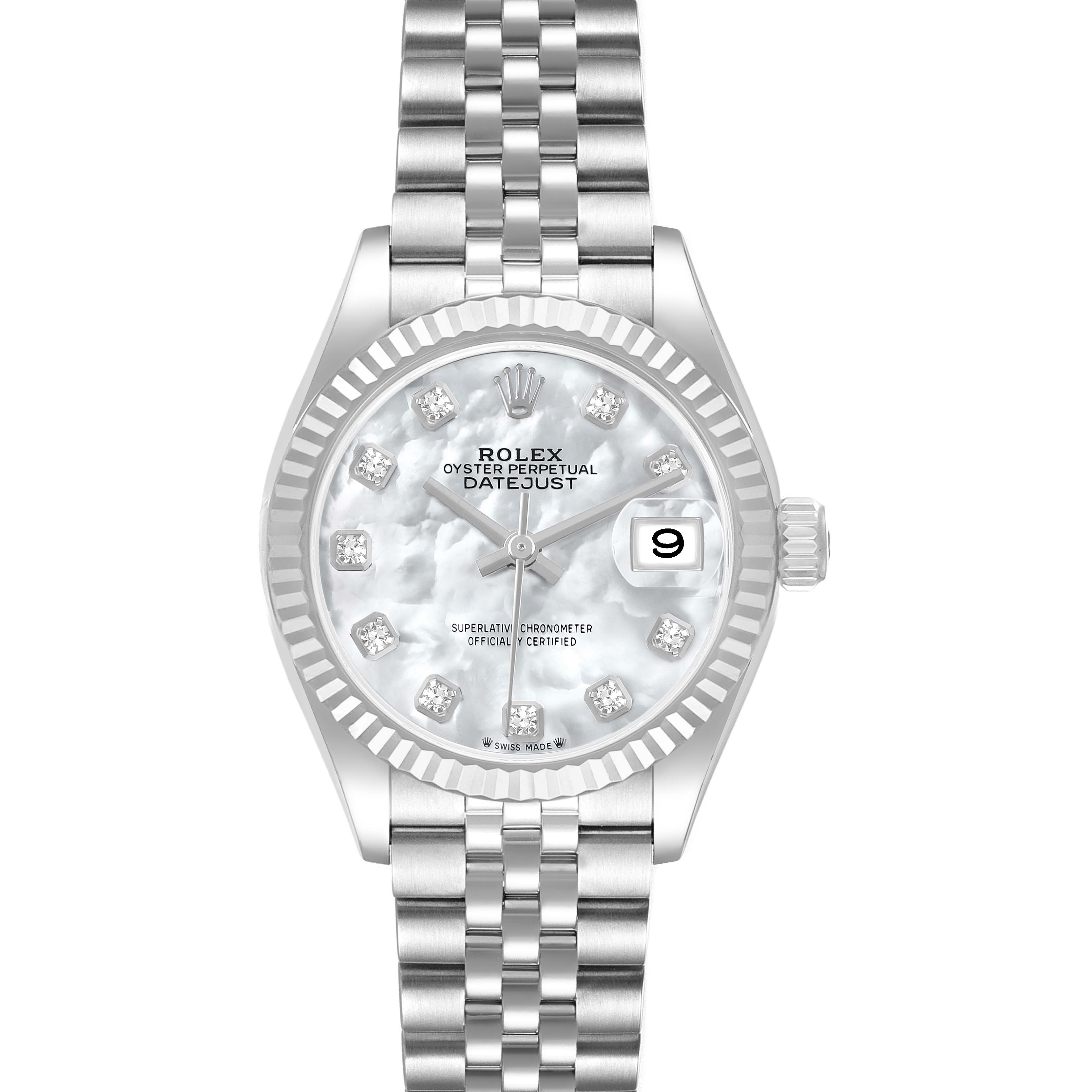 The Rolex Datejust 279174 Women's Stainless Steel Mother of Pearl Dial watch is shown from a front angle, highlighting the dial, bezel, bracelet, and date window.