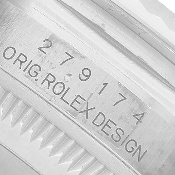 The image shows a close-up of the Rolex Datejust 279174 Women's Stainless Steel Mother of Pearl Dial watch's case side, featuring the model number engraving.
