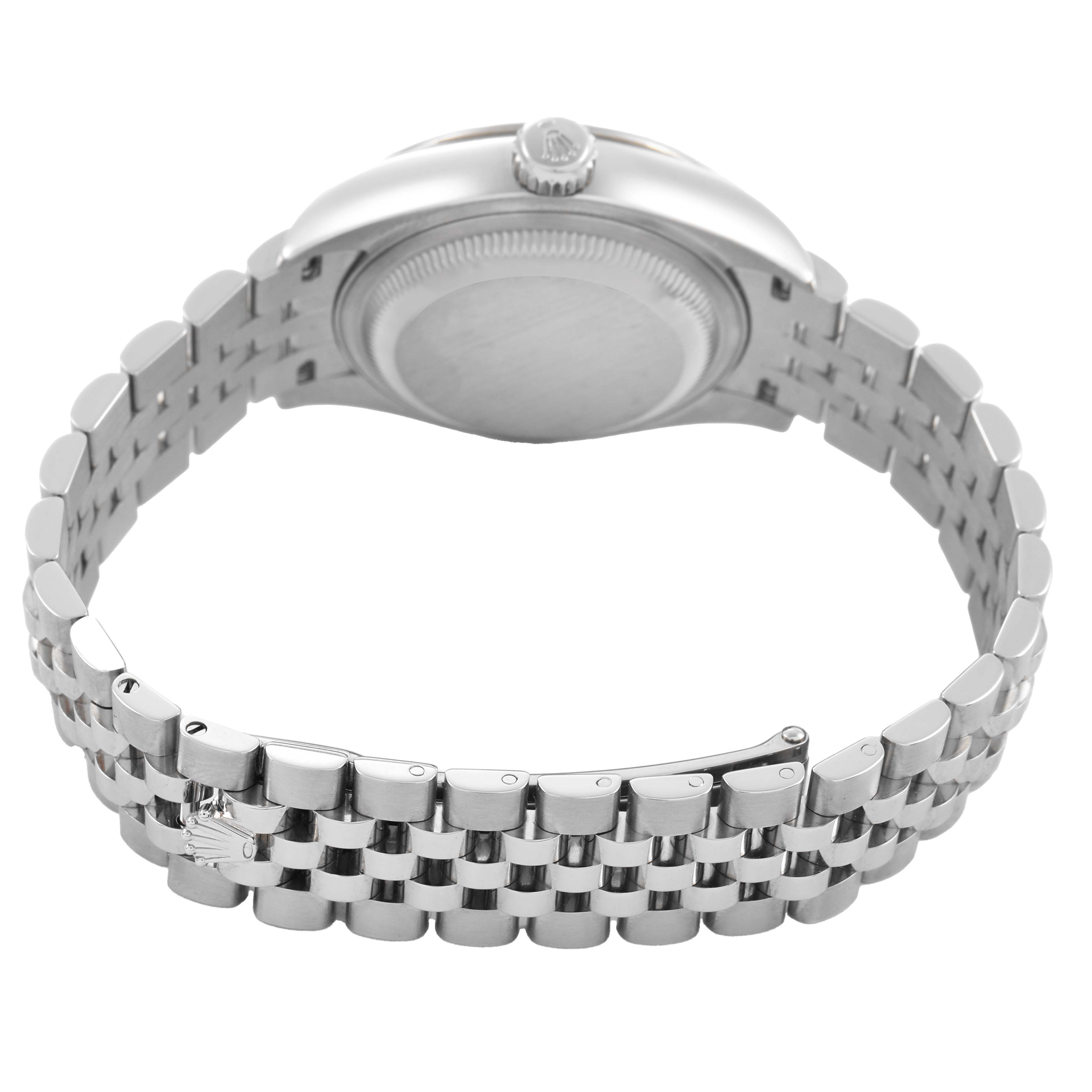 The image shows a Rolex Datejust 279174 Women's Stainless Steel Mother of Pearl Dial watch from the back, highlighting the case, crown, and Jubilee bracelet.