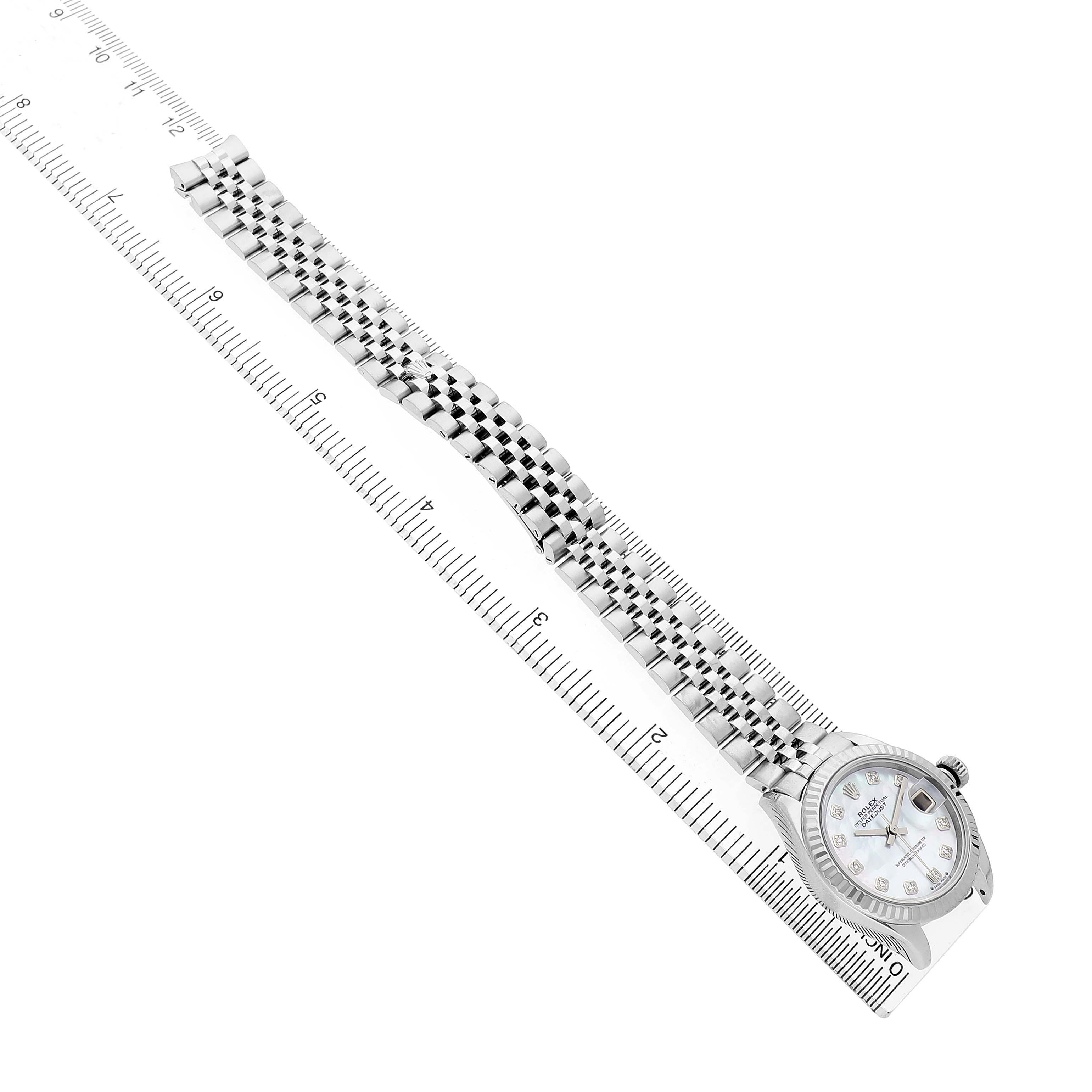 The Rolex Datejust 279174 Women's Stainless Steel Mother of Pearl Dial watch is shown at an oblique angle, displaying the full bracelet, dial, and crown.