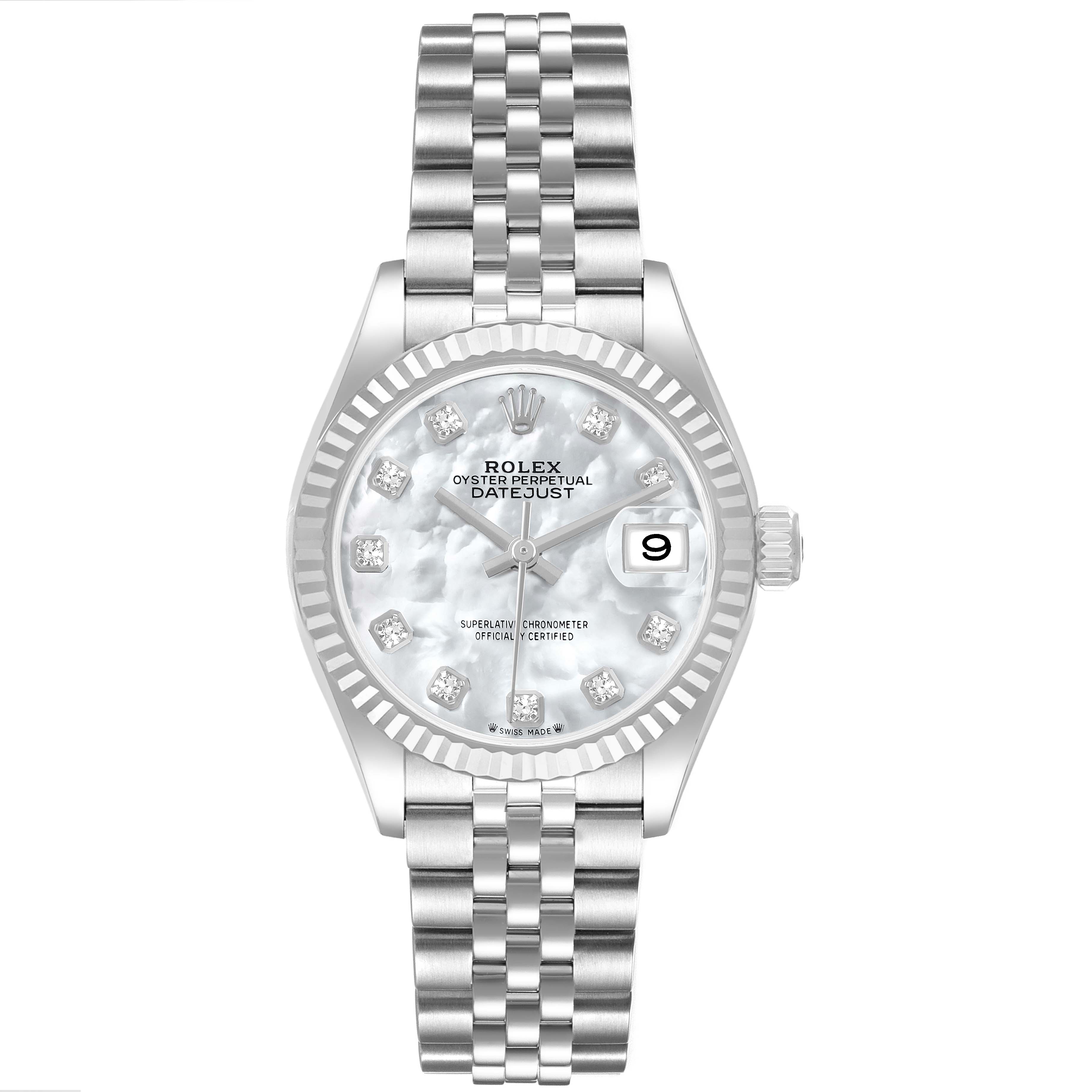 The Rolex Datejust 279174 Women's Stainless Steel Mother of Pearl Dial watch is shown from a top-down angle, displaying the dial, jubilee bracelet, and fluted bezel.