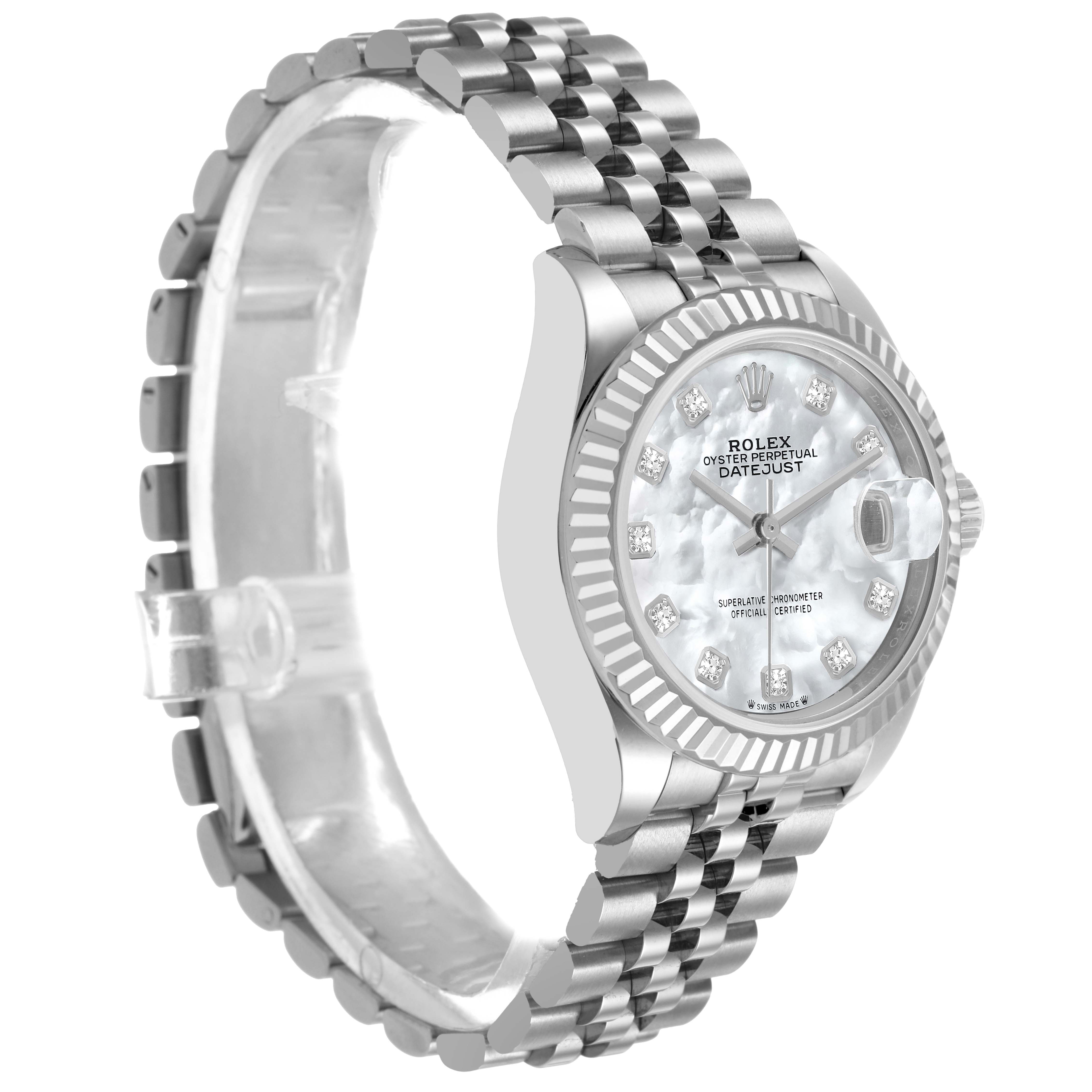 The image shows a Rolex Datejust 279174 Women's Stainless Steel Mother of Pearl Dial watch at a three-quarter angle, highlighting the dial, fluted bezel, and Jubilee bracelet.