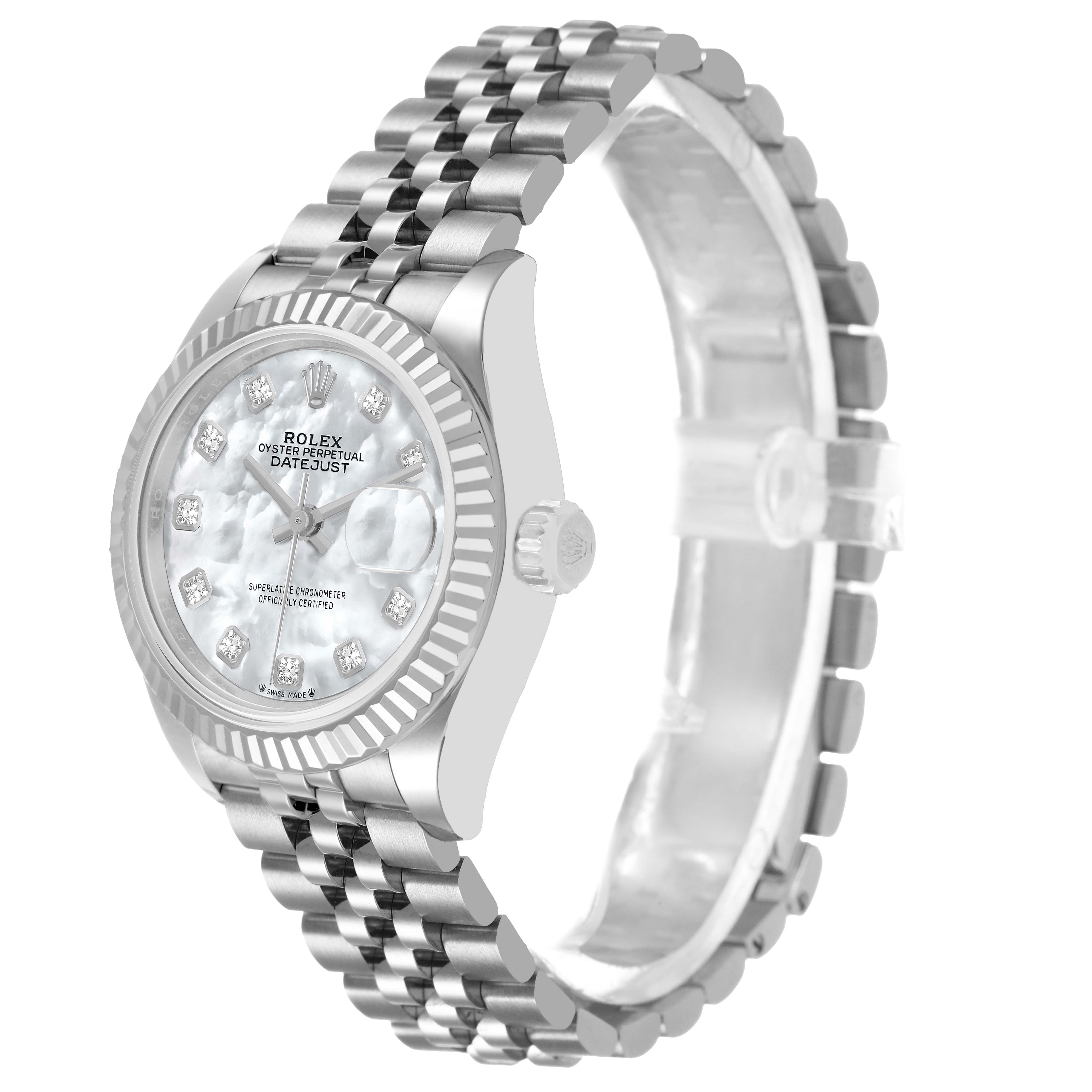 The Rolex Datejust 279174 Women's Stainless Steel Mother of Pearl Dial watch is shown at a side angle, highlighting the bracelet, bezel, dial, and crown.