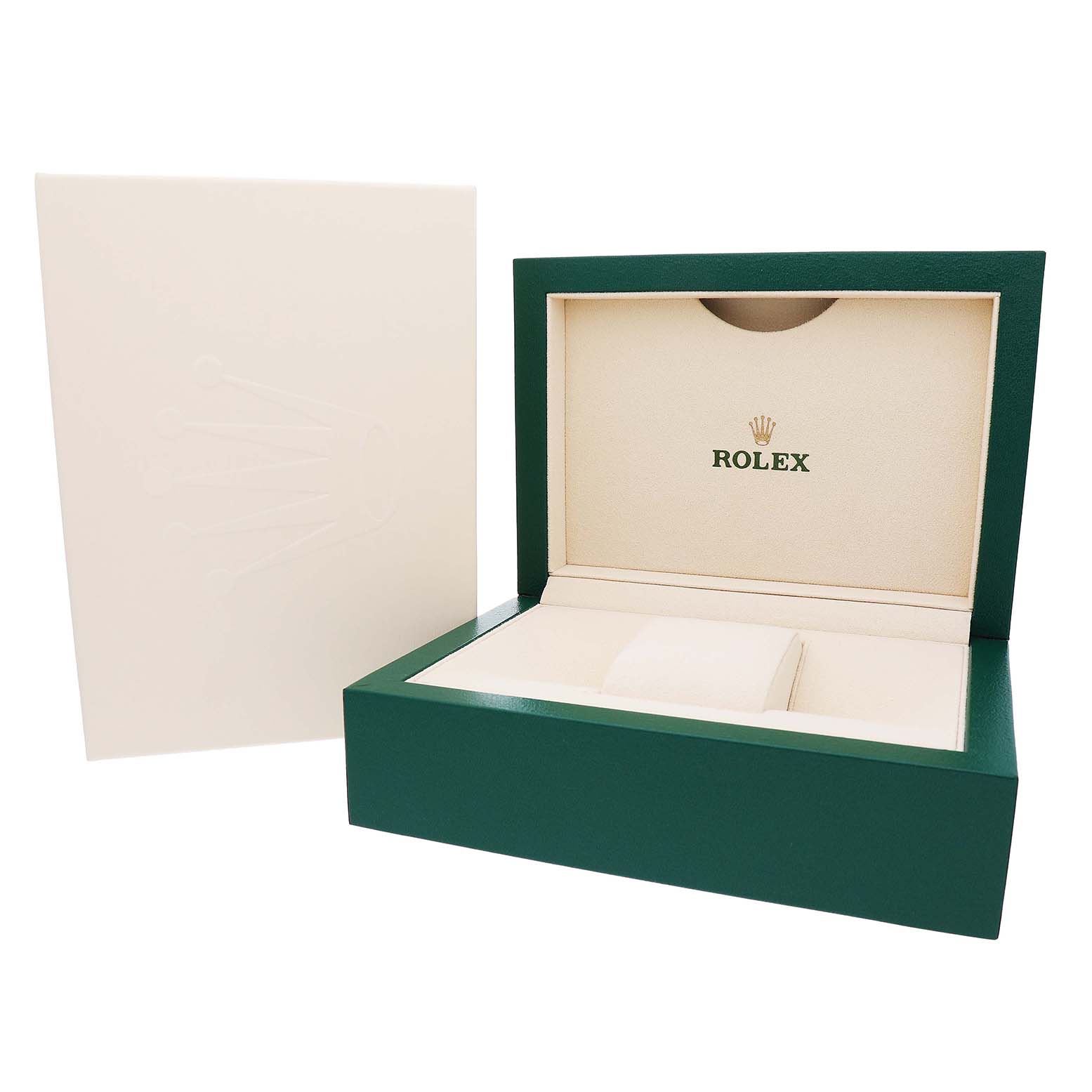 The image shows an open Rolex Datejust 279174 Women's Stainless Steel Mother of Pearl Dial watch box with an outer sleeve, displaying the interior cushion and logo.