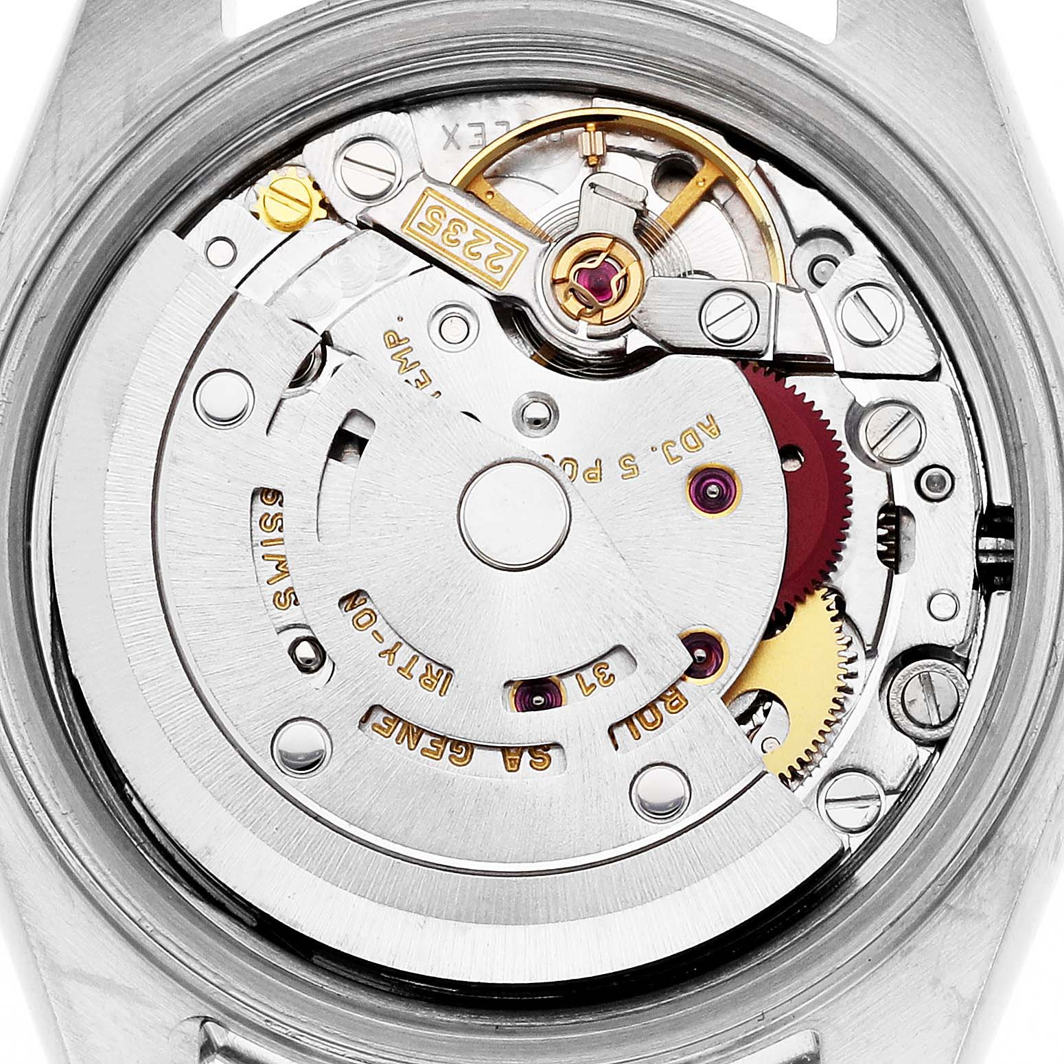 The image shows the movement of a Rolex Datejust 79174 Women
s Stainless Steel Mother of Pearl Dial 79174 Women
s Stainless Steel Mother of Pearl Dial watch from a top view, displaying gears and intricate components.