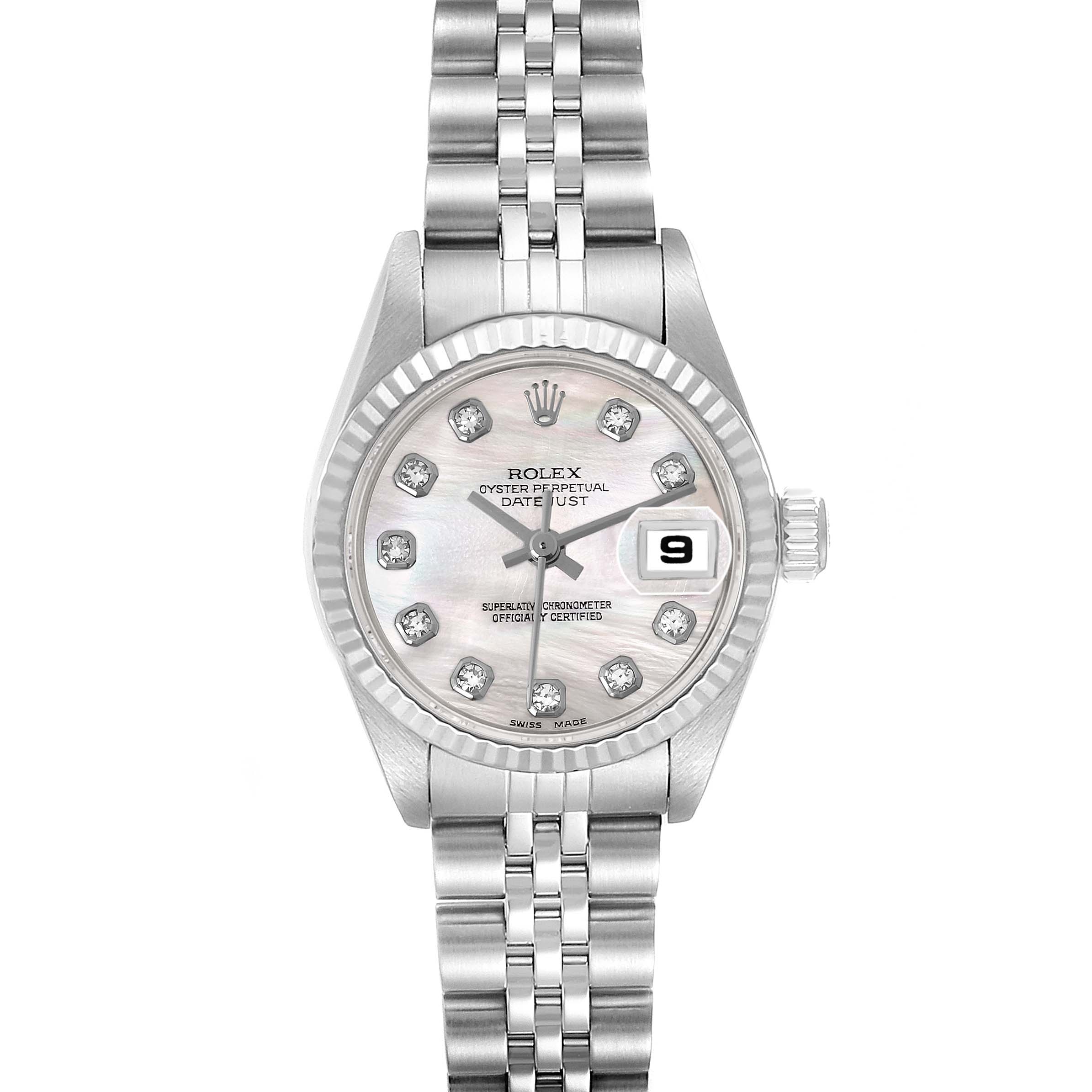 The Rolex Datejust 79174 Women
s Stainless Steel Mother of Pearl Dial 79174 Women
s Stainless Steel Mother of Pearl Dial watch is shown from the front, displaying its dial, bezel, bracelet, and crown.