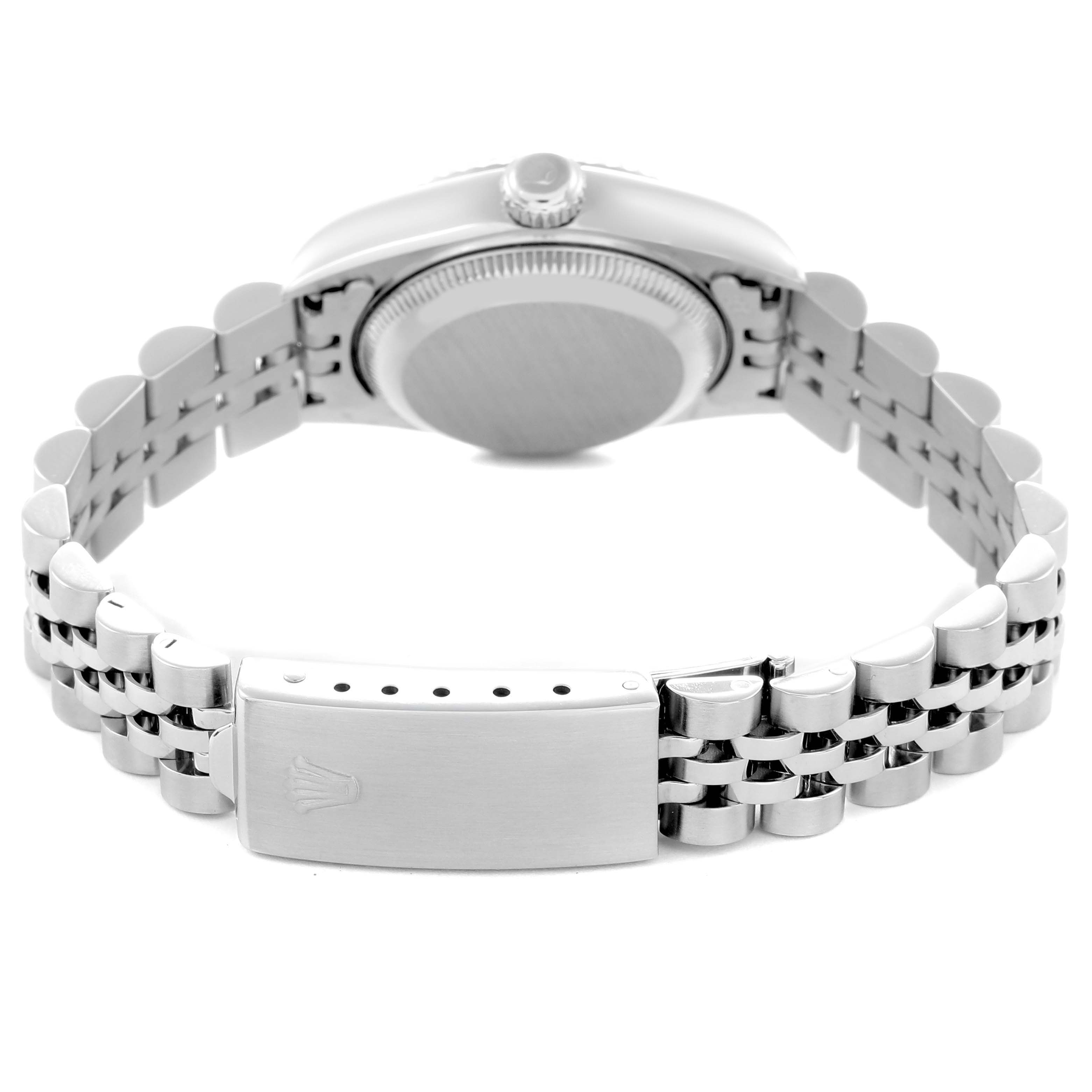 The image shows the back view of a Rolex Datejust 79174 Women
s Stainless Steel Mother of Pearl Dial 79174 Women
s Stainless Steel Mother of Pearl Dial, highlighting the clasp, bracelet, and case back.