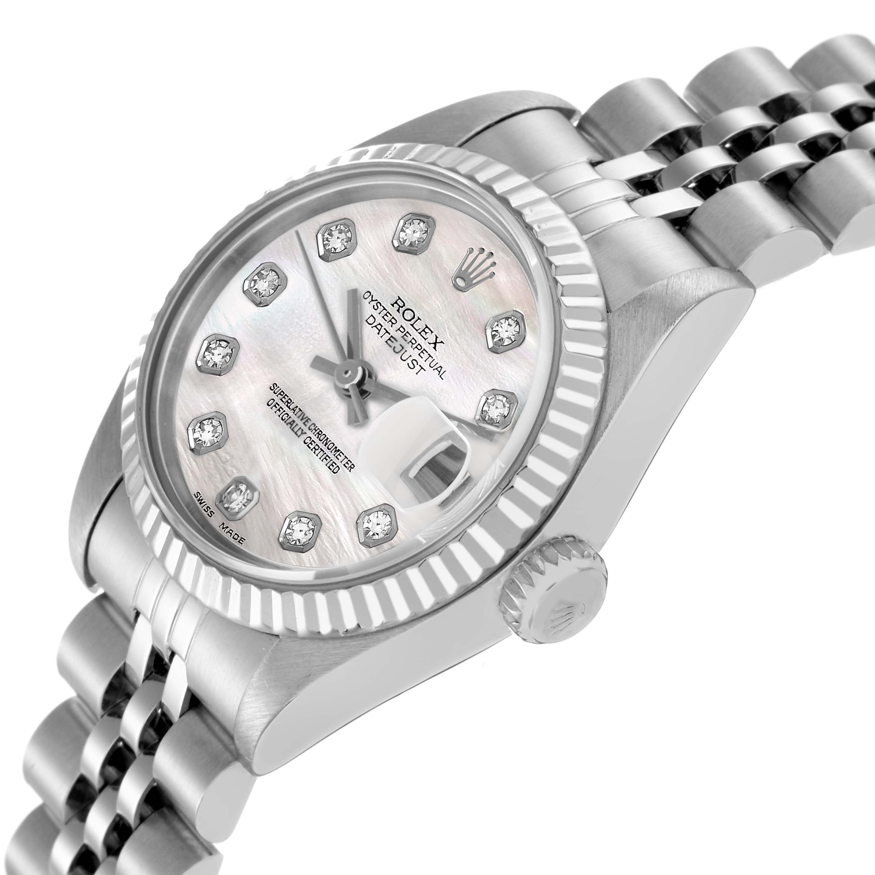 The Rolex Datejust 79174 Women
s Stainless Steel Mother of Pearl Dial 79174 Women
s Stainless Steel Mother of Pearl Dial watch is shown at a side angle, highlighting the dial, bezel, crown, and bracelet links.