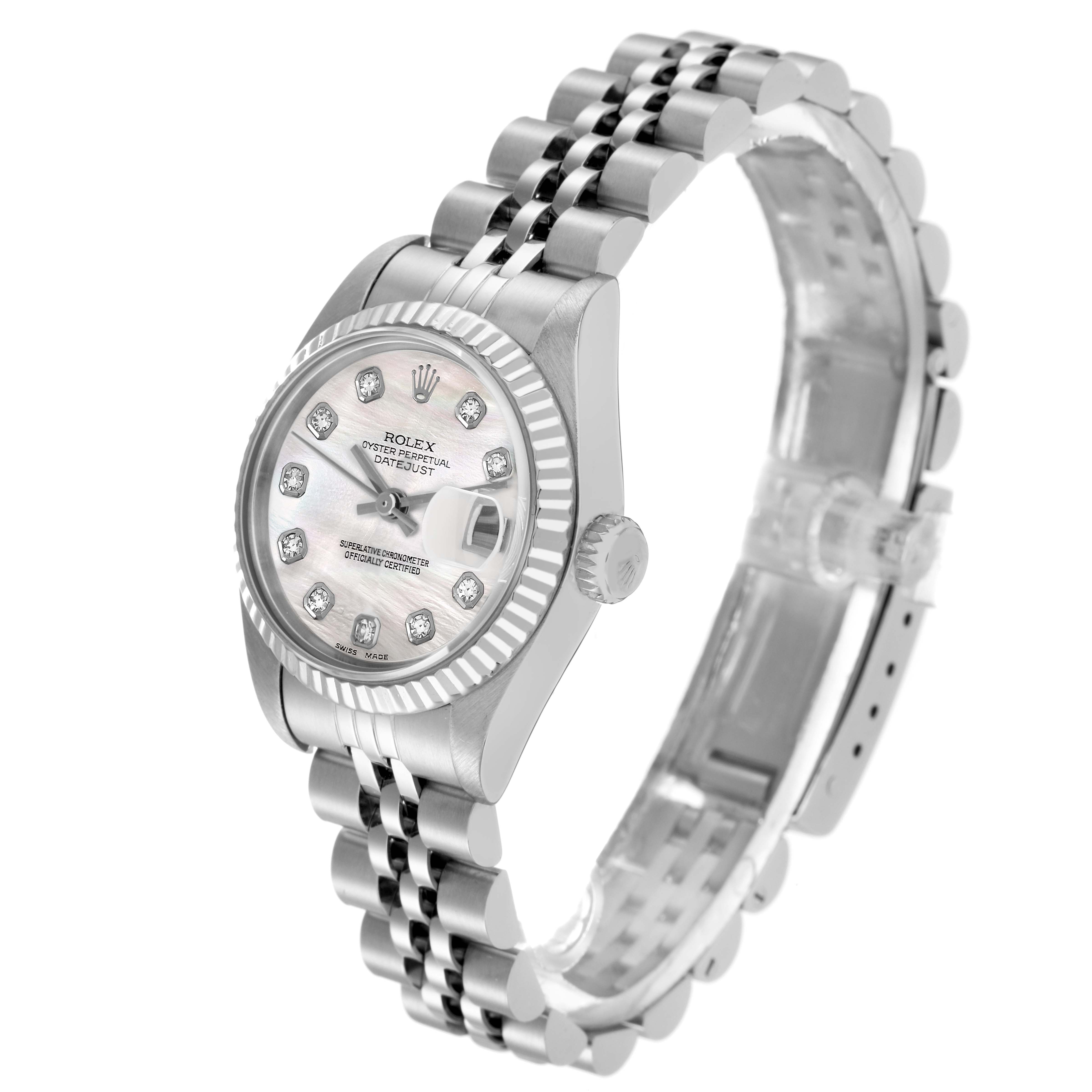 The Rolex Datejust 79174 Women
s Stainless Steel Mother of Pearl Dial 79174 Women
s Stainless Steel Mother of Pearl Dial watch is shown at a three-quarter angle, highlighting the dial, bezel, bracelet, and crown.