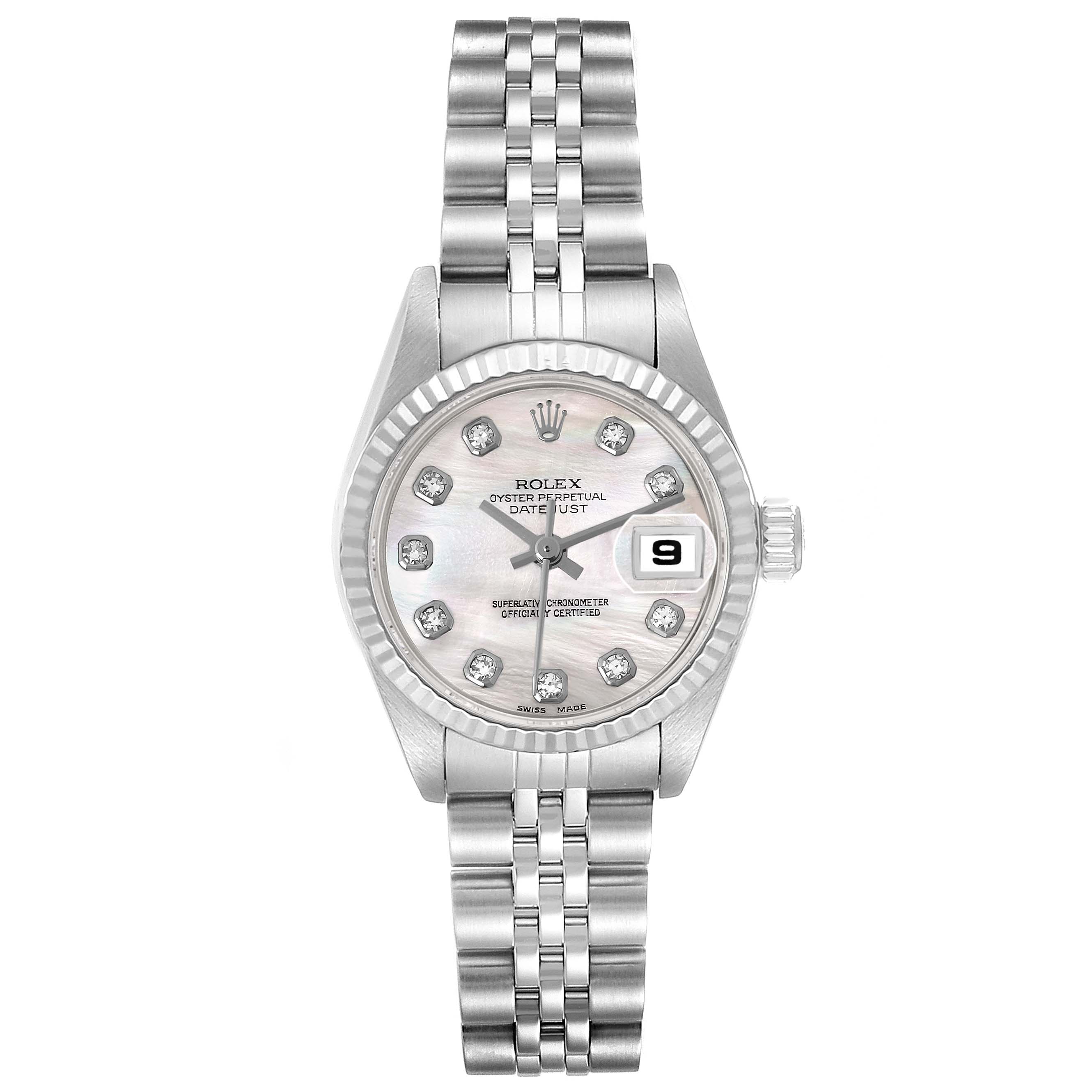 The Rolex Datejust 79174 Women
s Stainless Steel Mother of Pearl Dial 79174 Women
s Stainless Steel Mother of Pearl Dial watch is shown from the front, highlighting the face, bezel, bracelet, and date display.