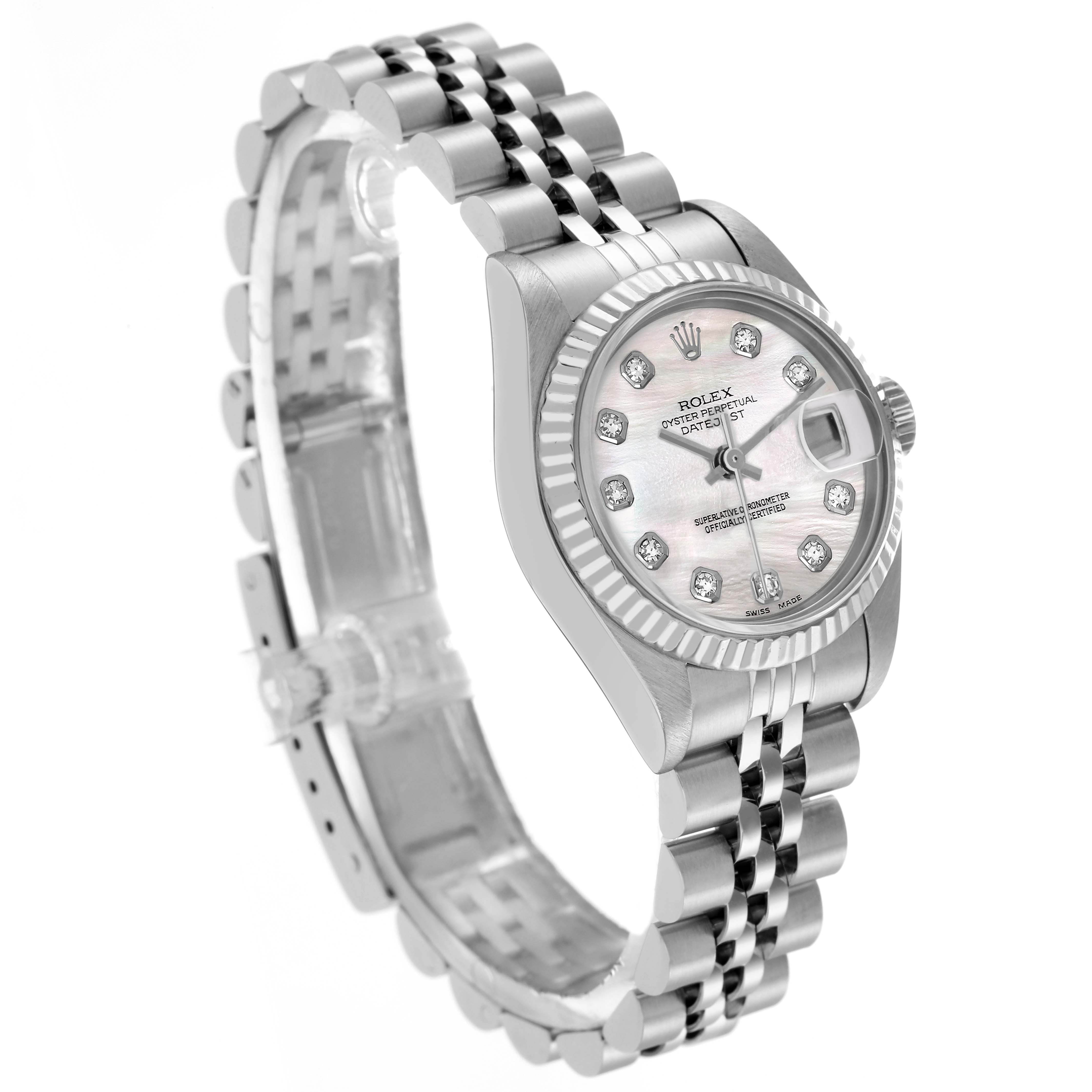 The Rolex Datejust 79174 Women
s Stainless Steel Mother of Pearl Dial 79174 Women
s Stainless Steel Mother of Pearl Dial watch is shown at a three-quarter angle, highlighting its face, bezel, and bracelet.