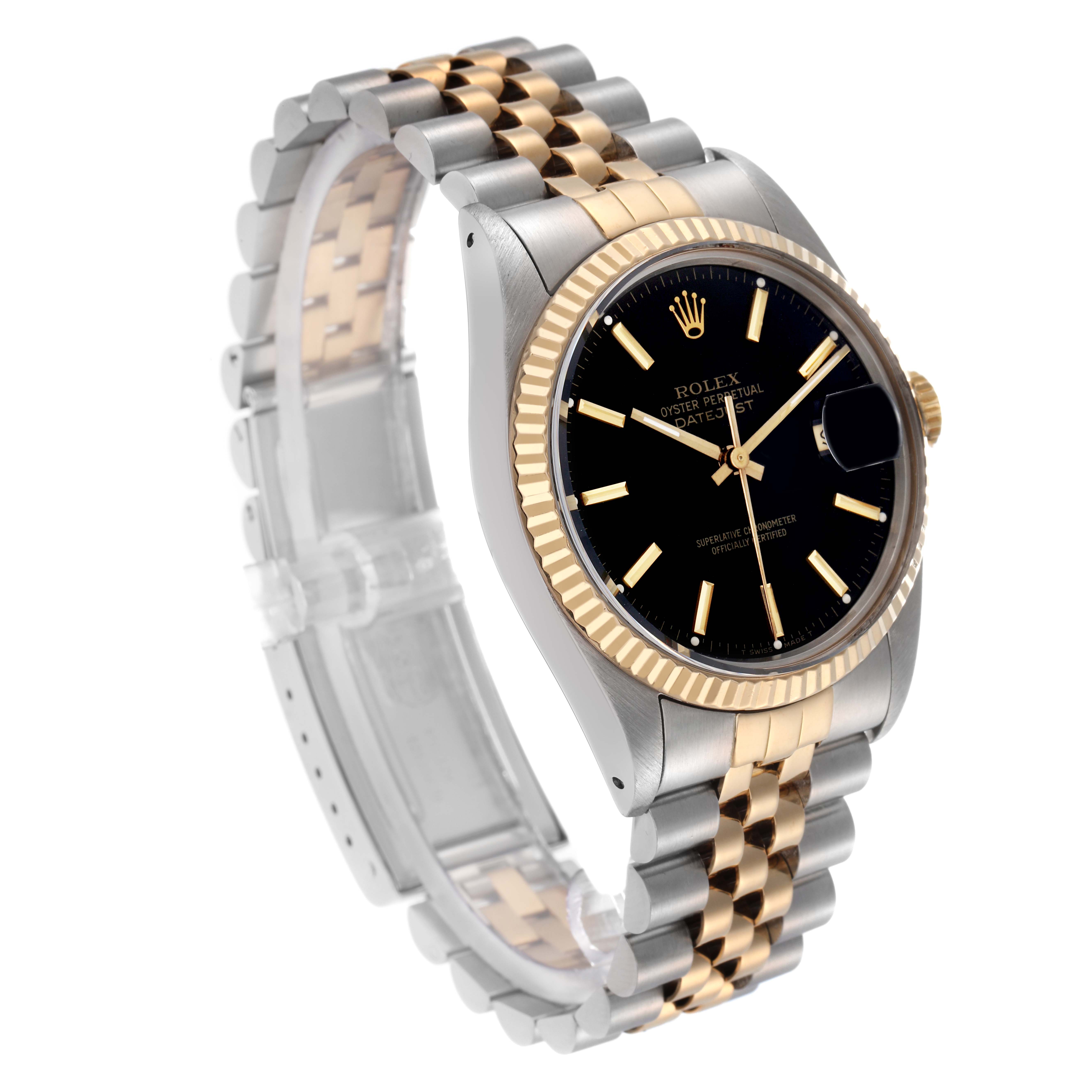 The Rolex Vintage Collection 16013 Men
s Steel and Gold (two tone) Black Dial 16013 Men
s Steel and Gold (two tone) Black Dial model is shown at a three-quarter angle, highlighting the dial, bezel, and two-tone bracelet.