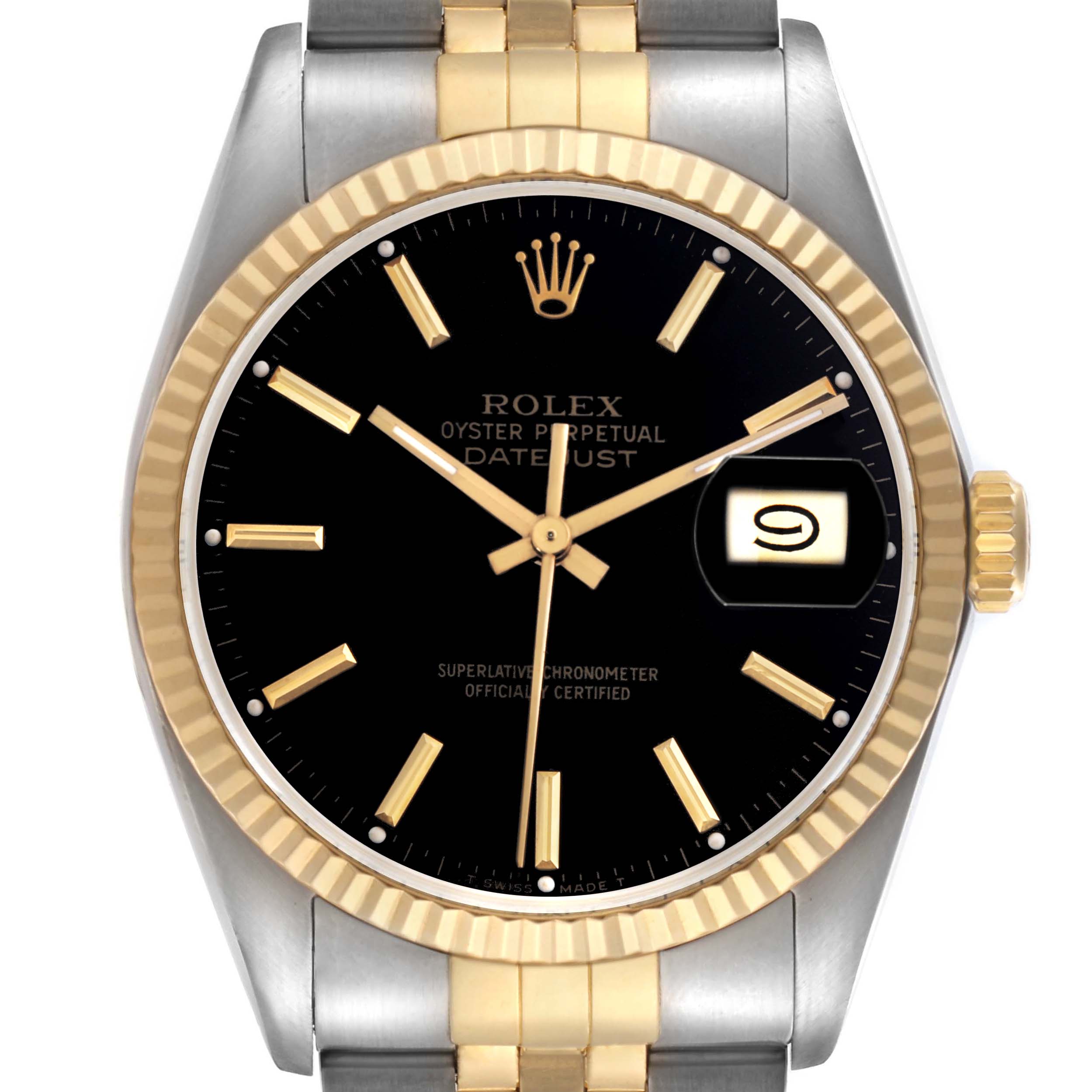The Rolex Vintage Collection 16013 Men
s Steel and Gold (two tone) Black Dial 16013 Men
s Steel and Gold (two tone) Black Dial watch is shown from a front angle, displaying the dial, bezel, hands, date, and a portion of the bracelet.