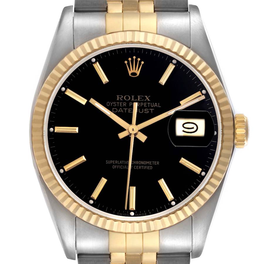 The Rolex Vintage Collection watch is shown from a front angle, displaying the dial, bezel, hands, date, and a portion of the bracelet.