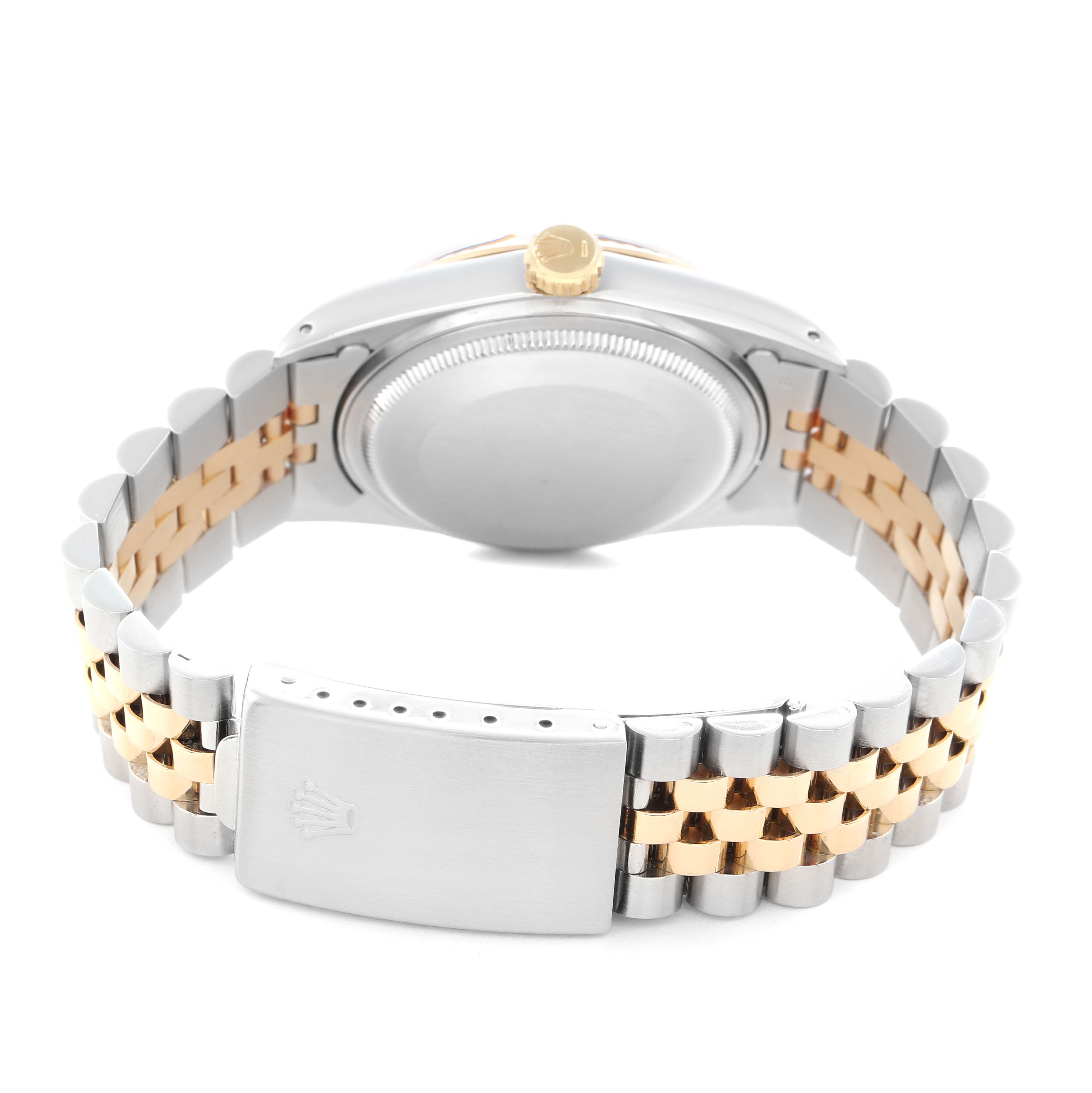 The image shows the Rolex Vintage Collection 16013 Men
s Steel and Gold (two tone) Black Dial 16013 Men
s Steel and Gold (two tone) Black Dial watch from the back, highlighting the case back, crown, and two-tone bracelet with clasp.