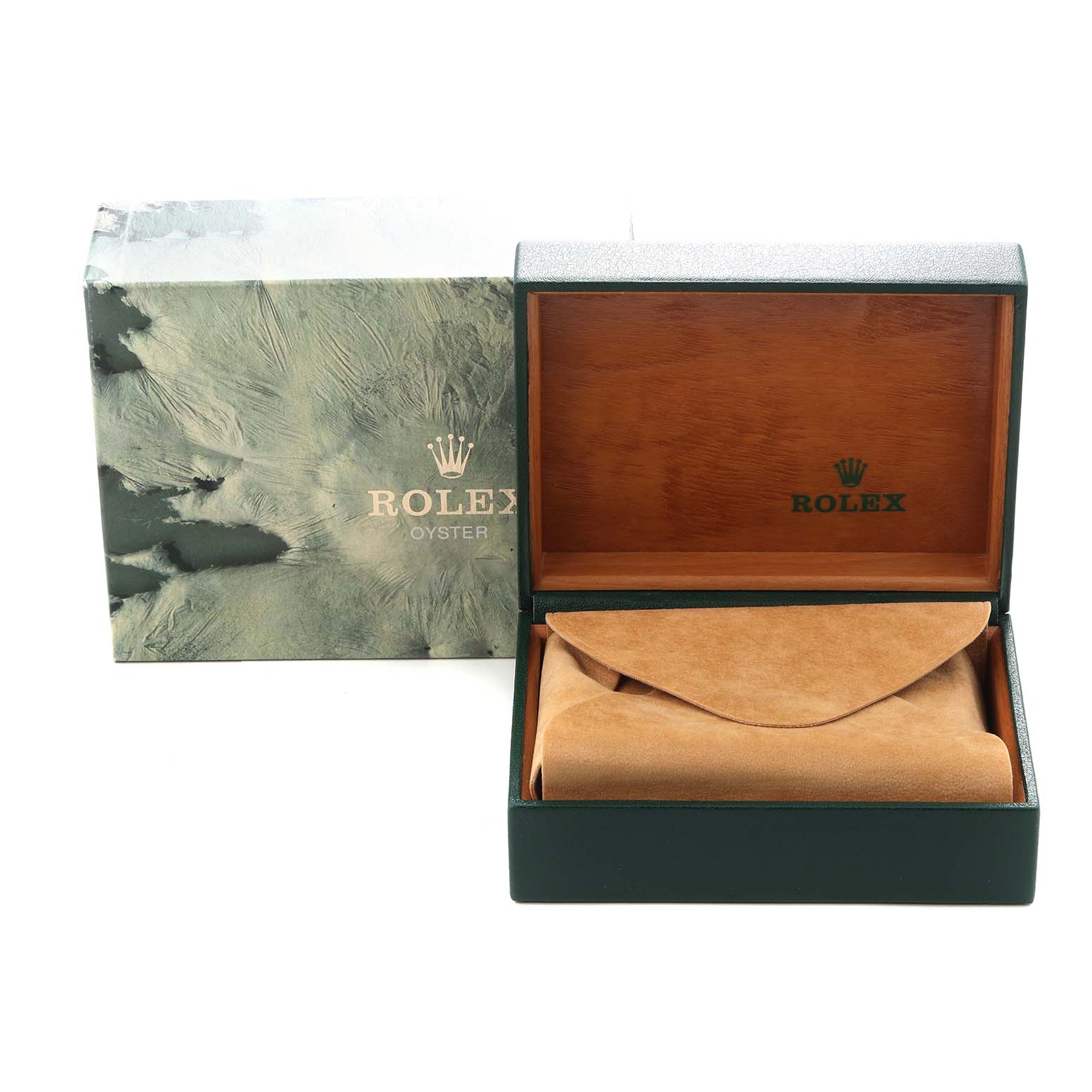 The image shows a Rolex Vintage Collection 16013 Men
s Steel and Gold (two tone) Black Dial 16013 Men
s Steel and Gold (two tone) Black Dial watch box and cover, with the box open to reveal a suede pouch.
