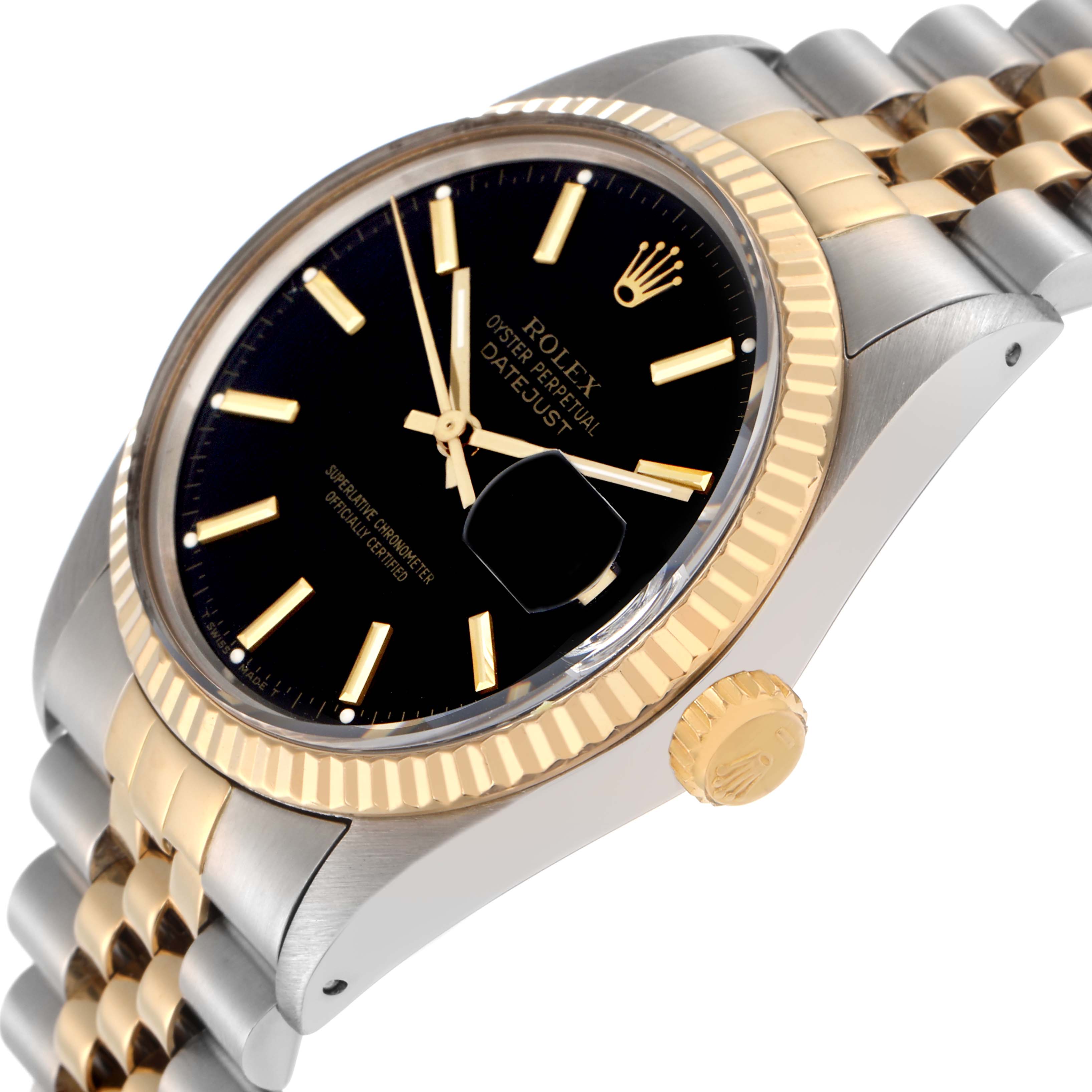 The image shows a Rolex Vintage Collection 16013 Men
s Steel and Gold (two tone) Black Dial 16013 Men
s Steel and Gold (two tone) Black Dial watch at an angled side view, displaying the dial, bezel, crown, and part of the bracelet.